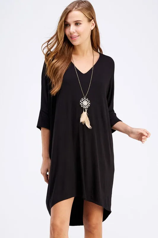 3/4 Sleeve Hi Low Black Dress