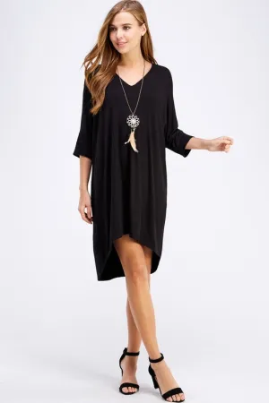 3/4 Sleeve Hi Low Black Dress