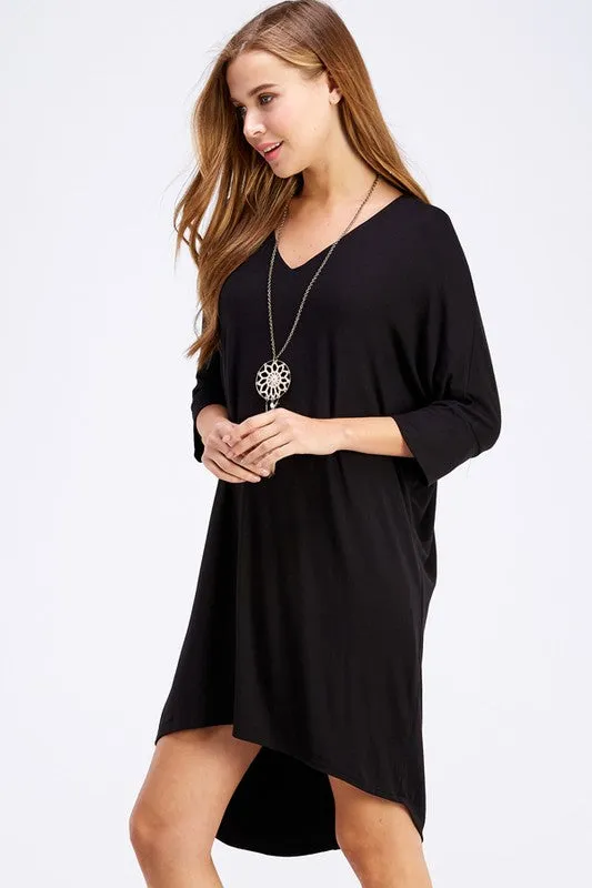 3/4 Sleeve Hi Low Black Dress