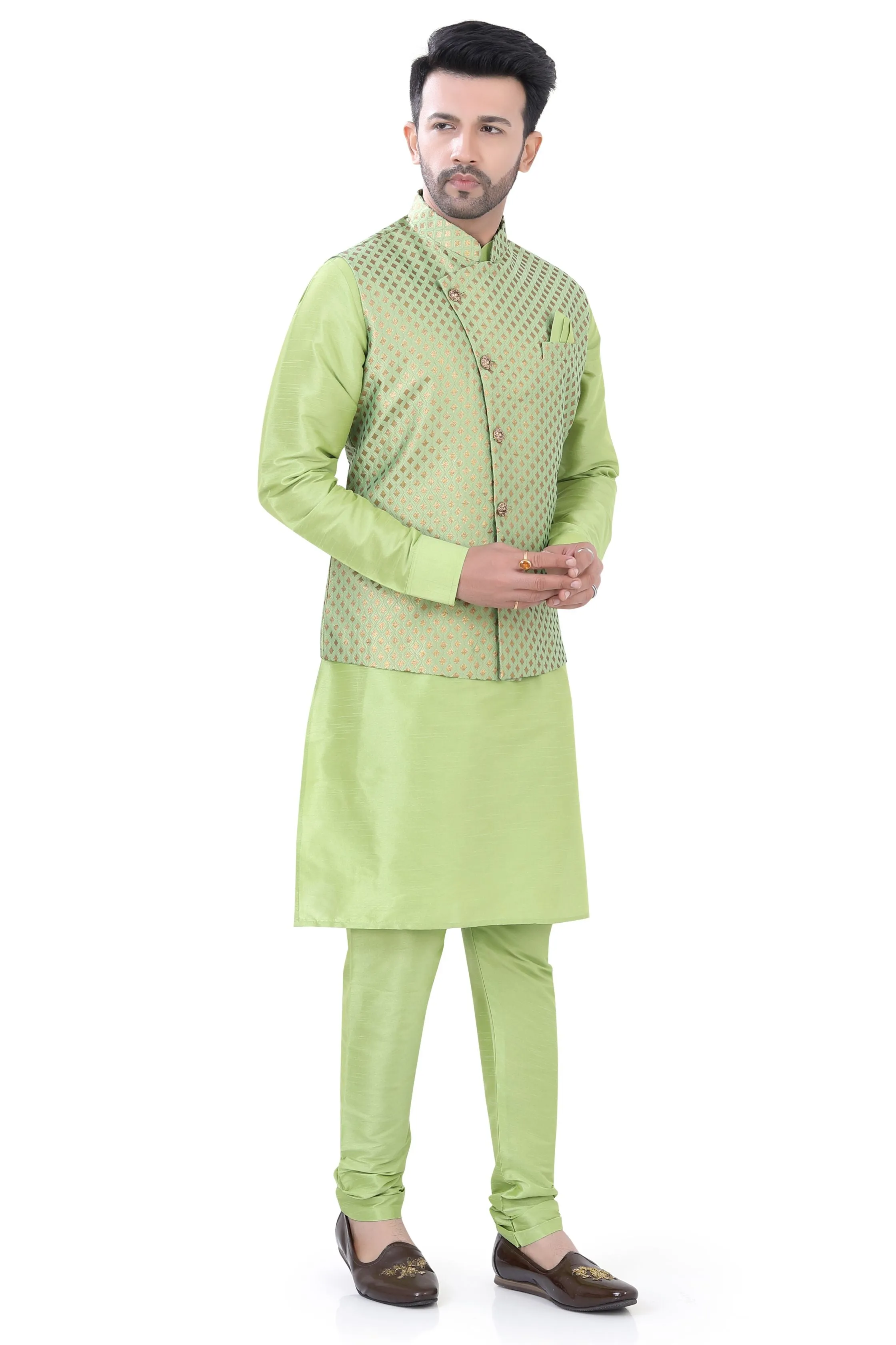 Banarasi Silk 3 pieces Vest Coat suit in Mint Green
