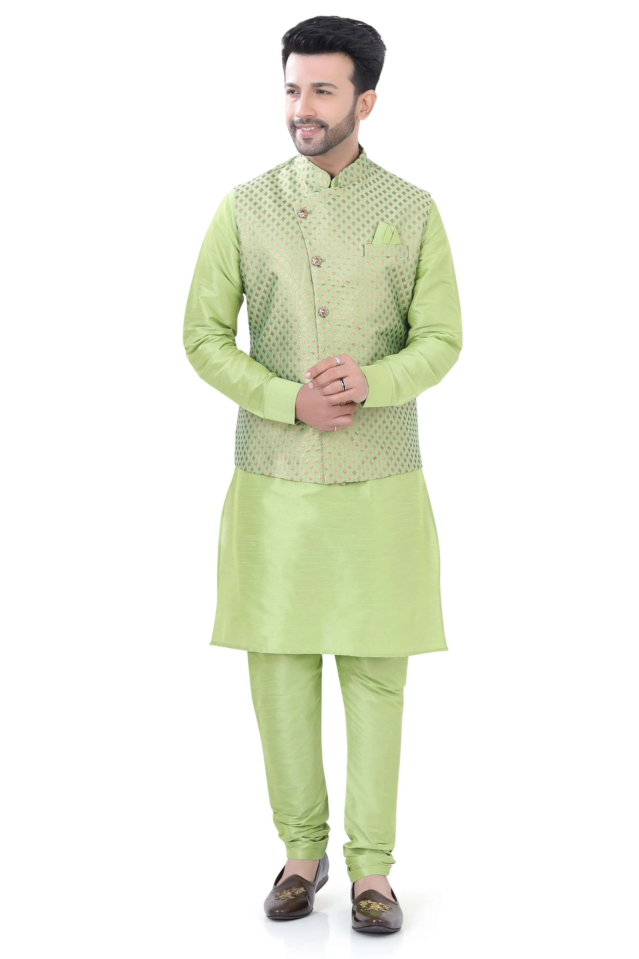 Banarasi Silk 3 pieces Vest Coat suit in Mint Green