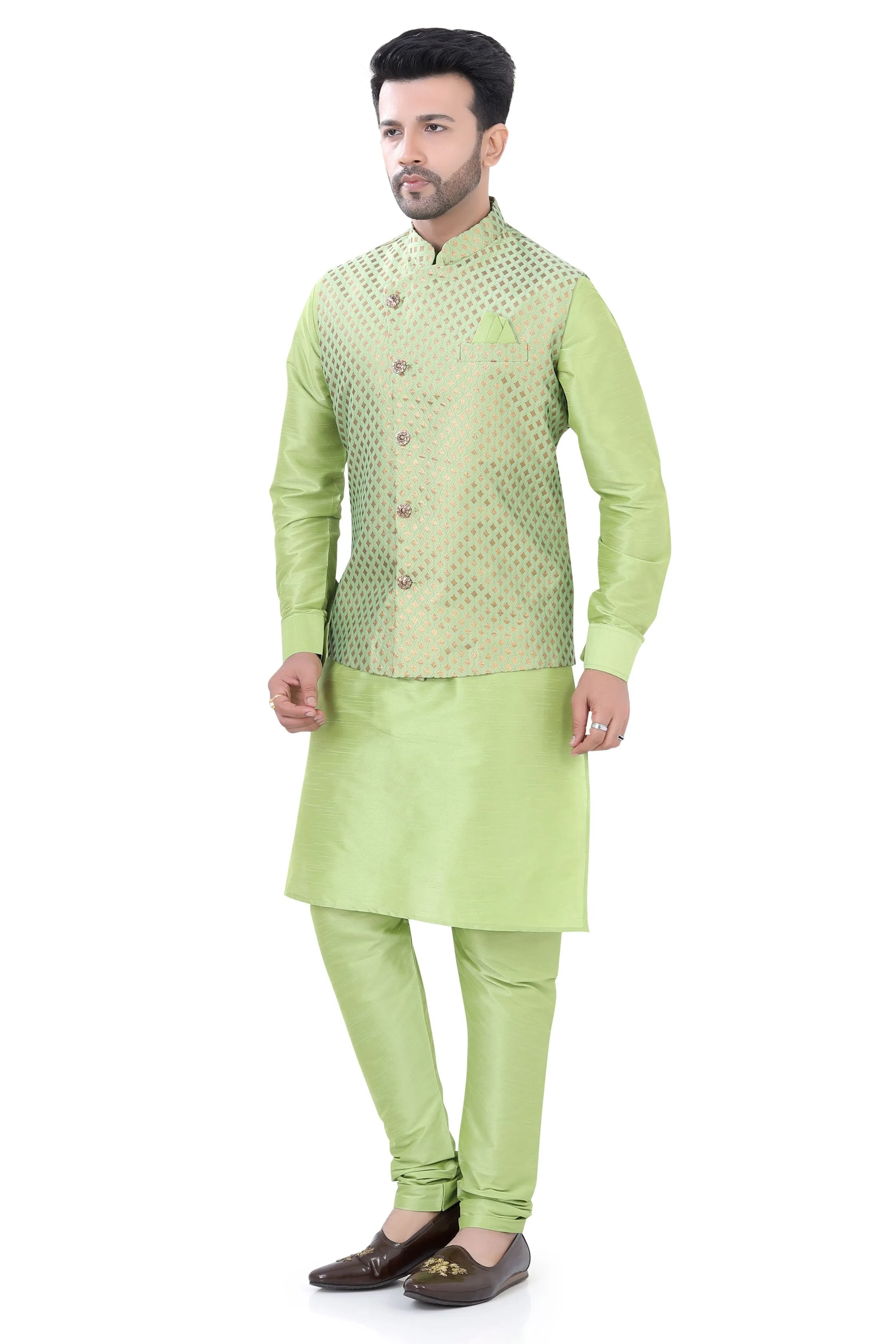 Banarasi Silk 3 pieces Vest Coat suit in Mint Green