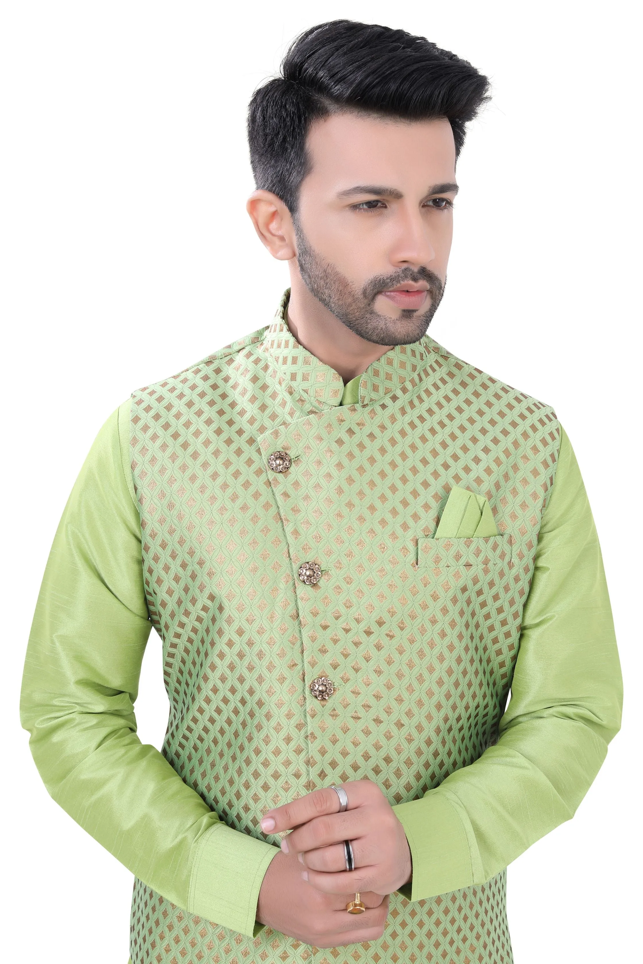Banarasi Silk 3 pieces Vest Coat suit in Mint Green