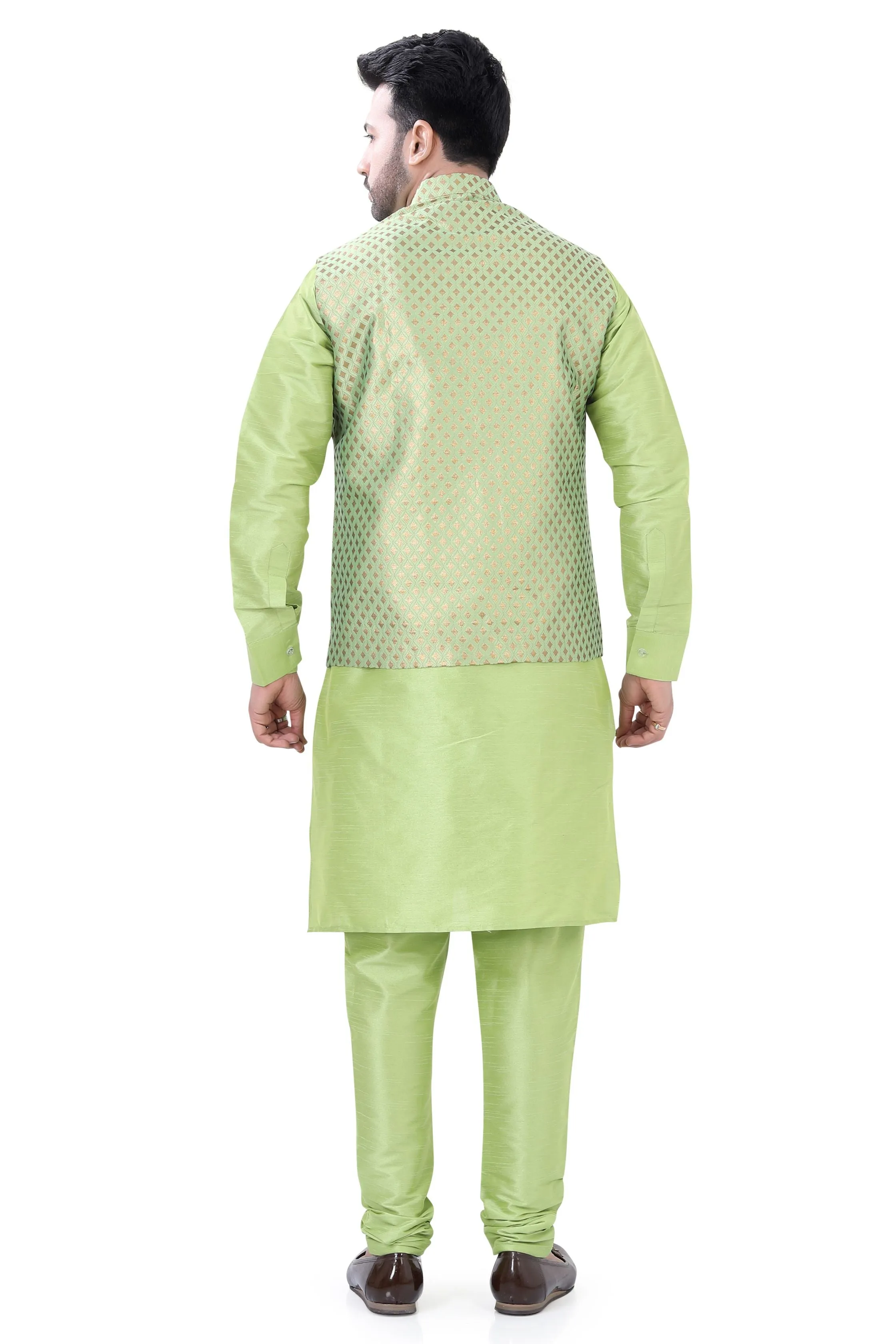 Banarasi Silk 3 pieces Vest Coat suit in Mint Green