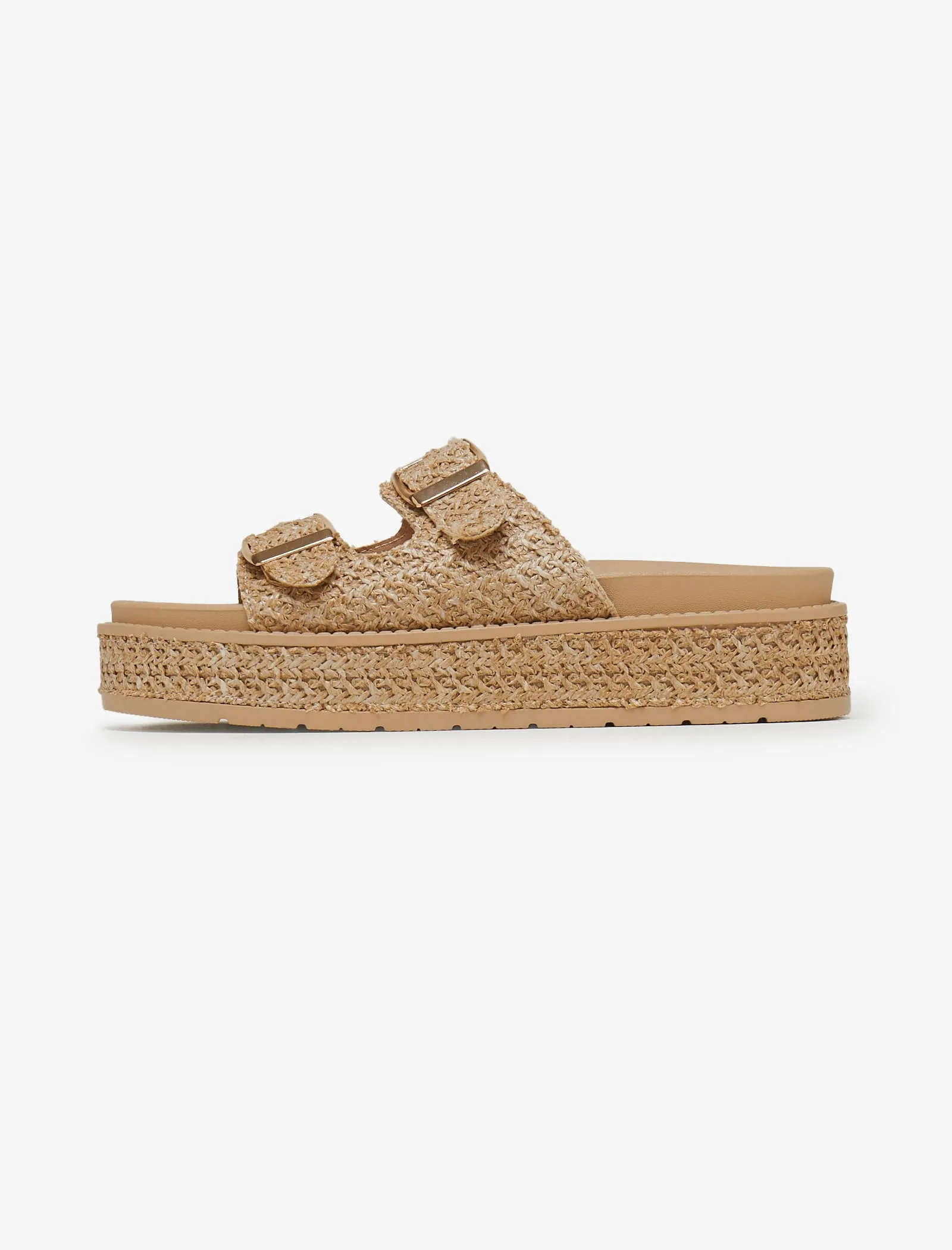 Beige Double Buckle Platform Wedge