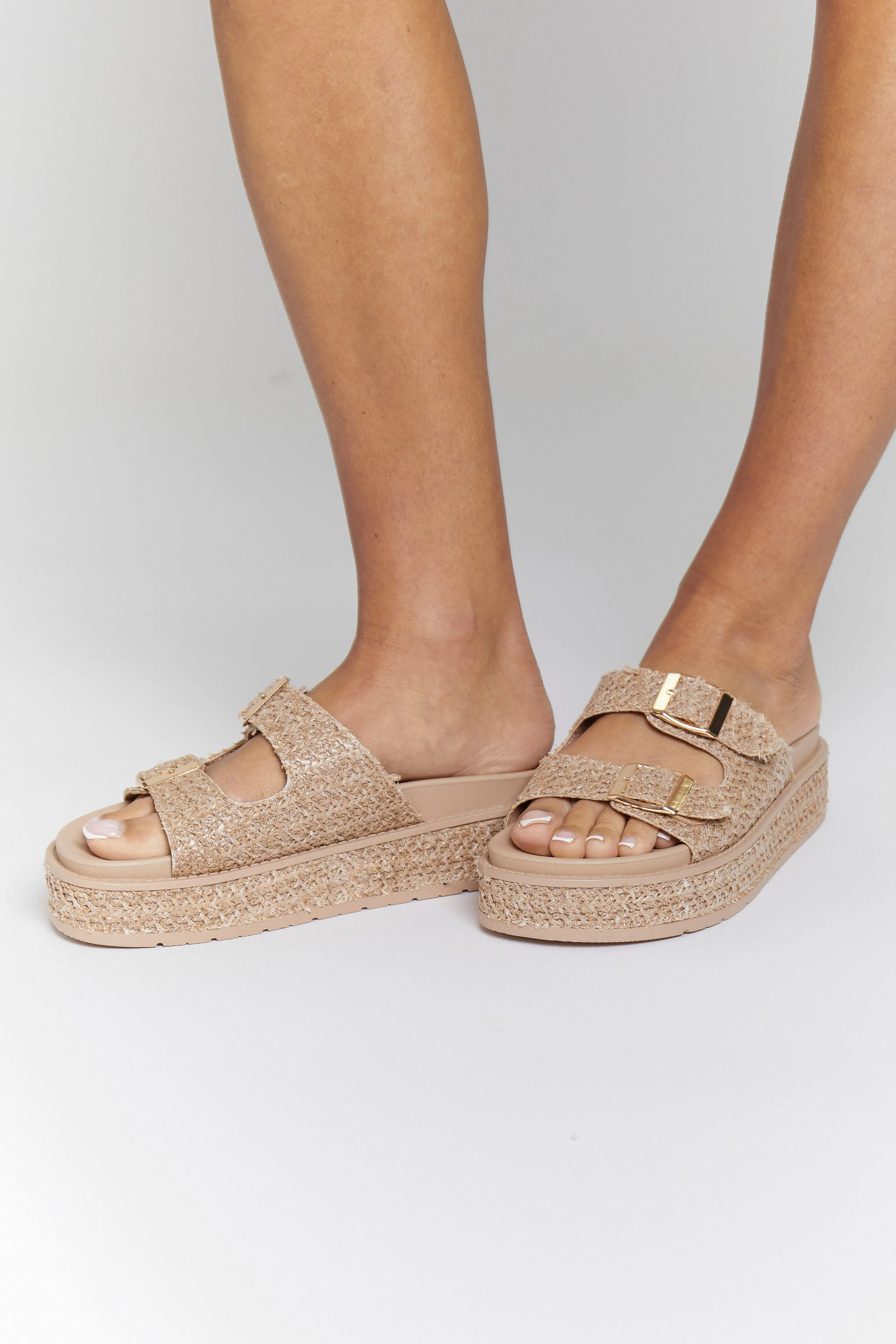 Beige Double Buckle Platform Wedge