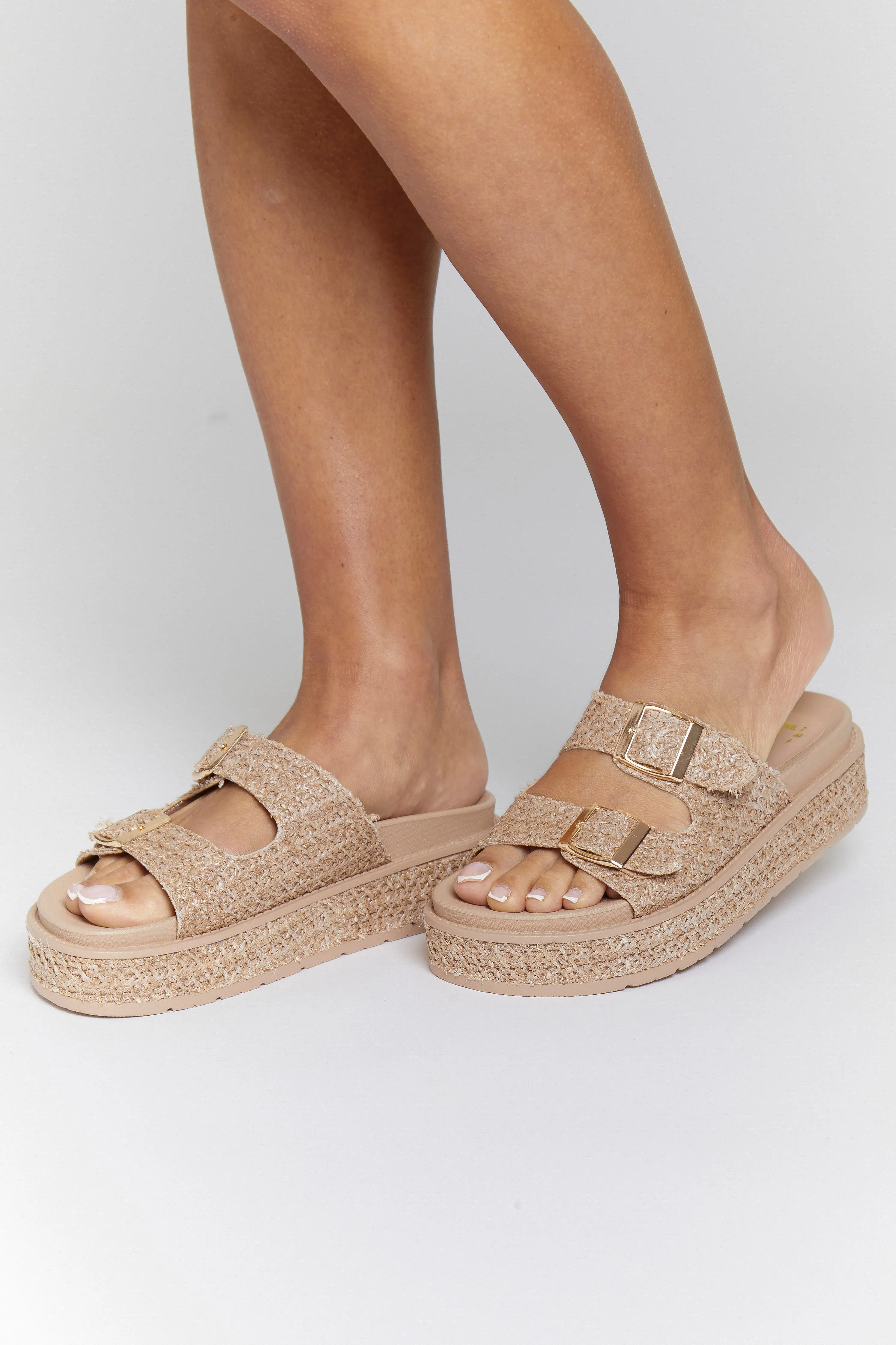 Beige Double Buckle Platform Wedge