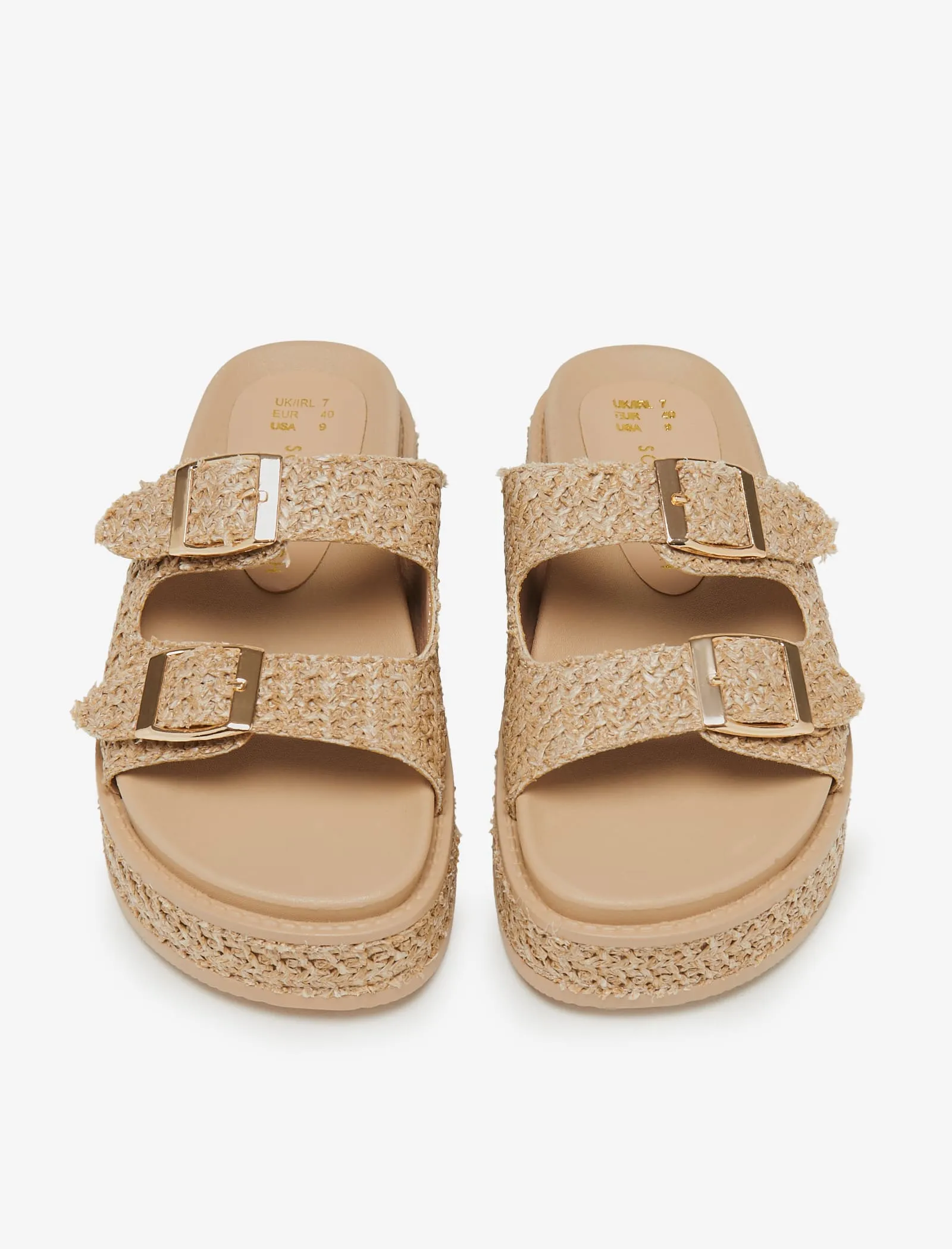 Beige Double Buckle Platform Wedge