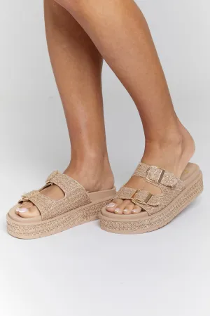 Beige Double Buckle Platform Wedge