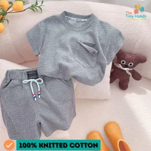 Grey Knit Half Sleeves Solid Round Neck Tshirt and Shorts Set