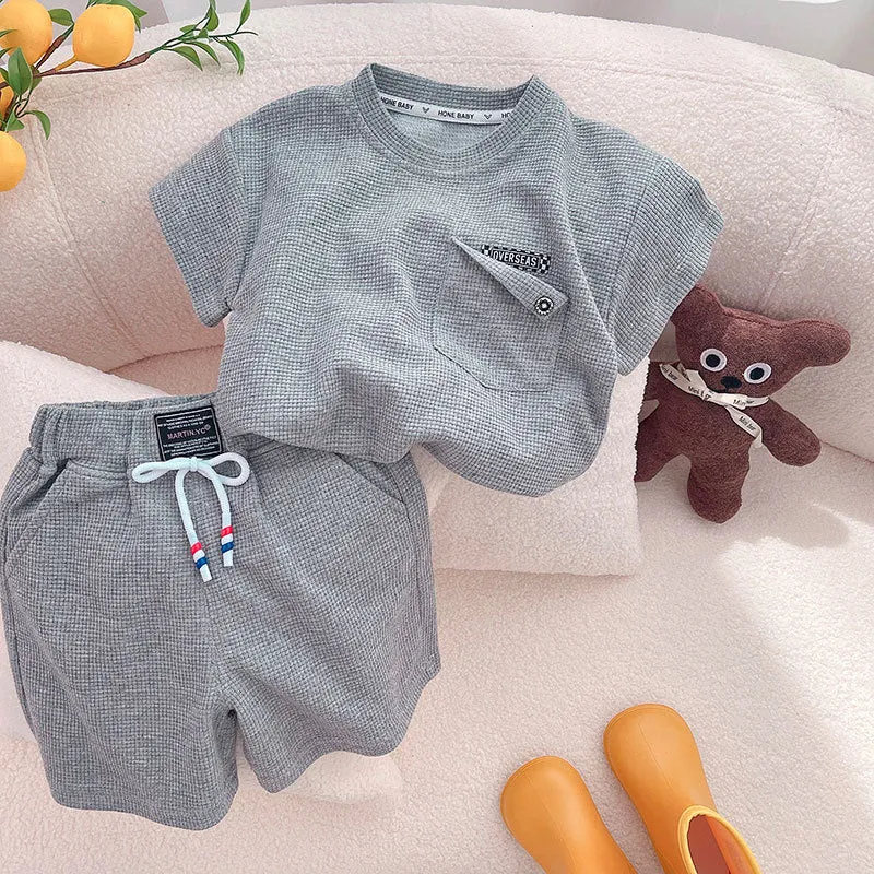 Grey Knit Half Sleeves Solid Round Neck Tshirt and Shorts Set