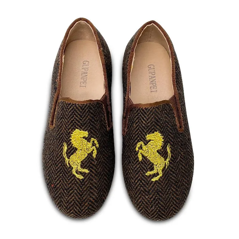 Gufanpei Brown Houndstooth Embroidery Smoking Shoe