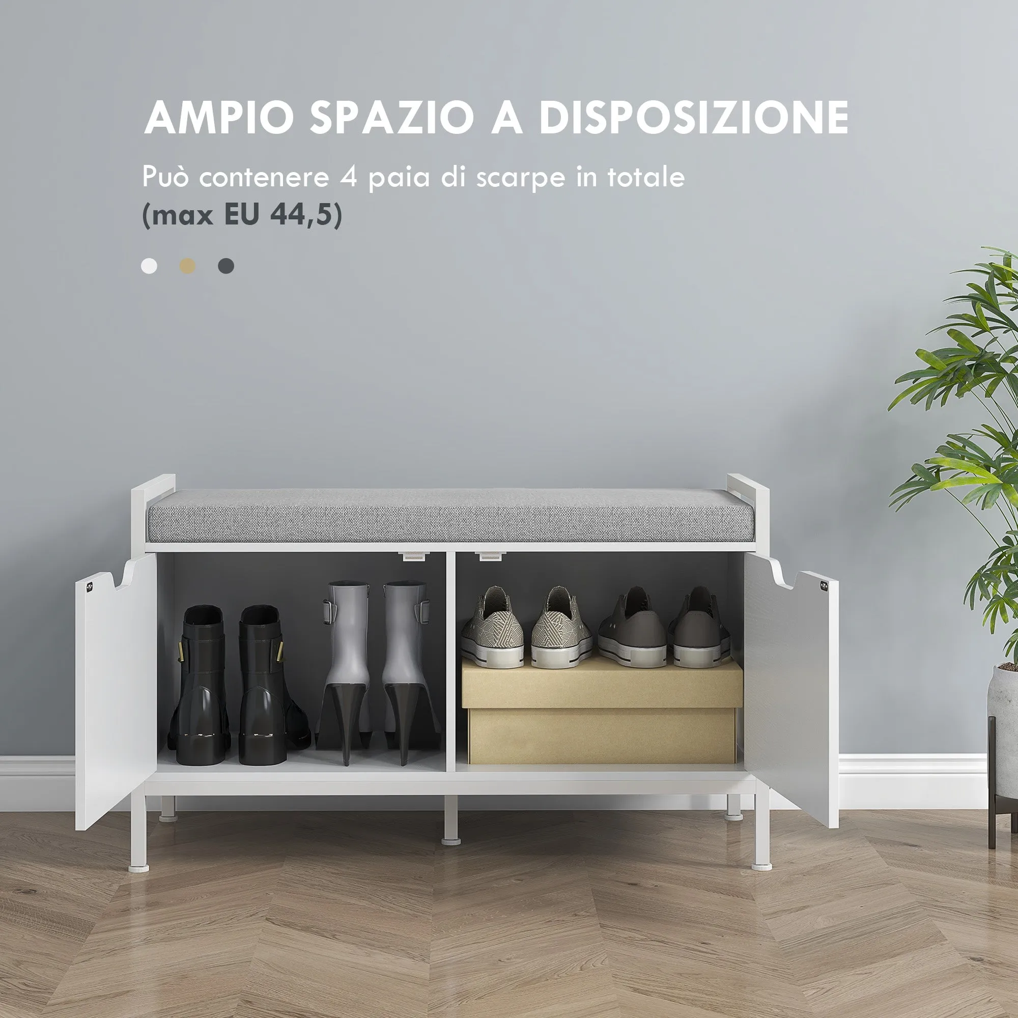 HOMCOM Shoe Rack Bench with 2 Cabinets with Cushion, in Linen Effect Fabric, Wood and Steel, 84x35x50 cm, White