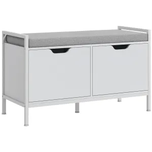 HOMCOM Shoe Rack Bench with 2 Cabinets with Cushion, in Linen Effect Fabric, Wood and Steel, 84x35x50 cm, White