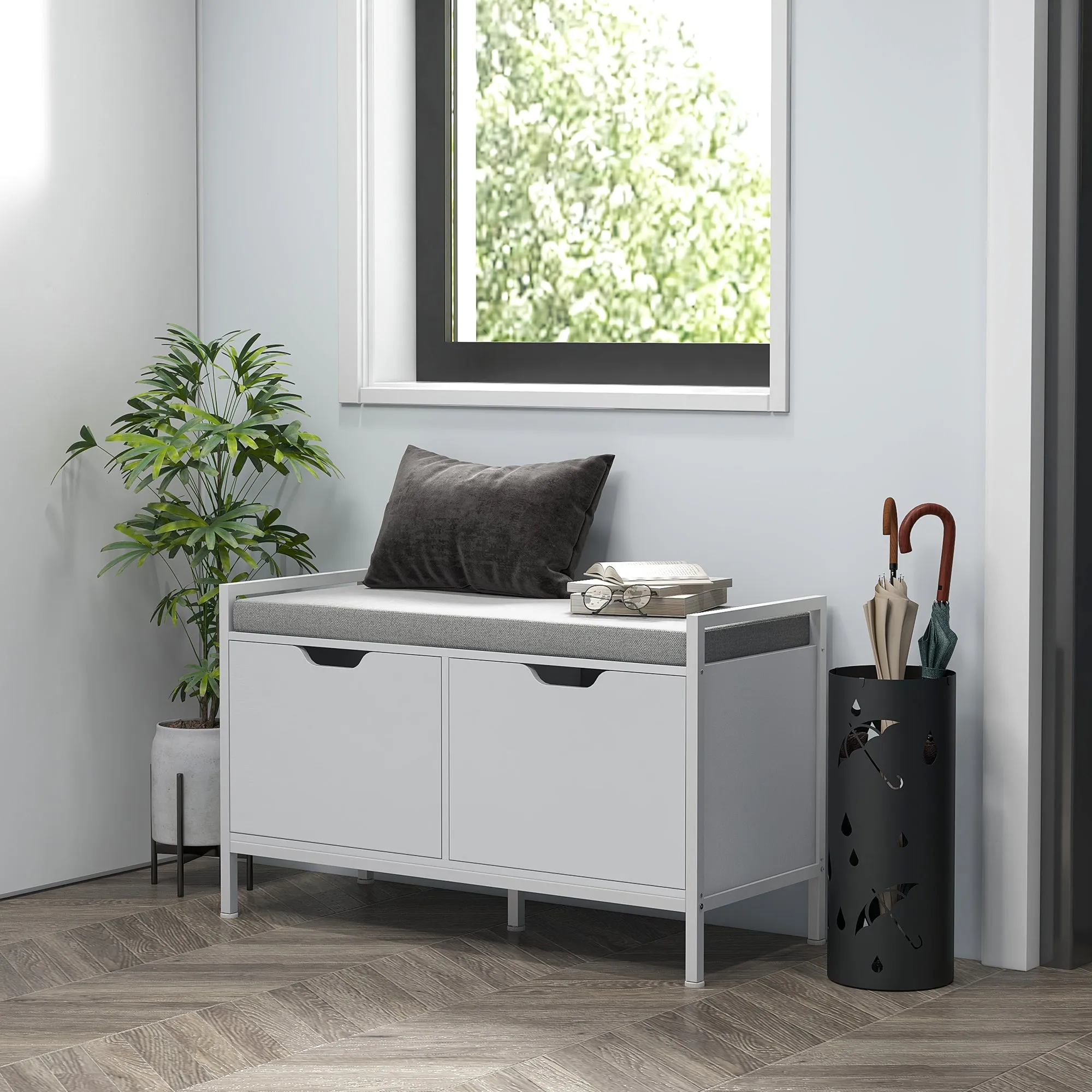 HOMCOM Shoe Rack Bench with 2 Cabinets with Cushion, in Linen Effect Fabric, Wood and Steel, 84x35x50 cm, White