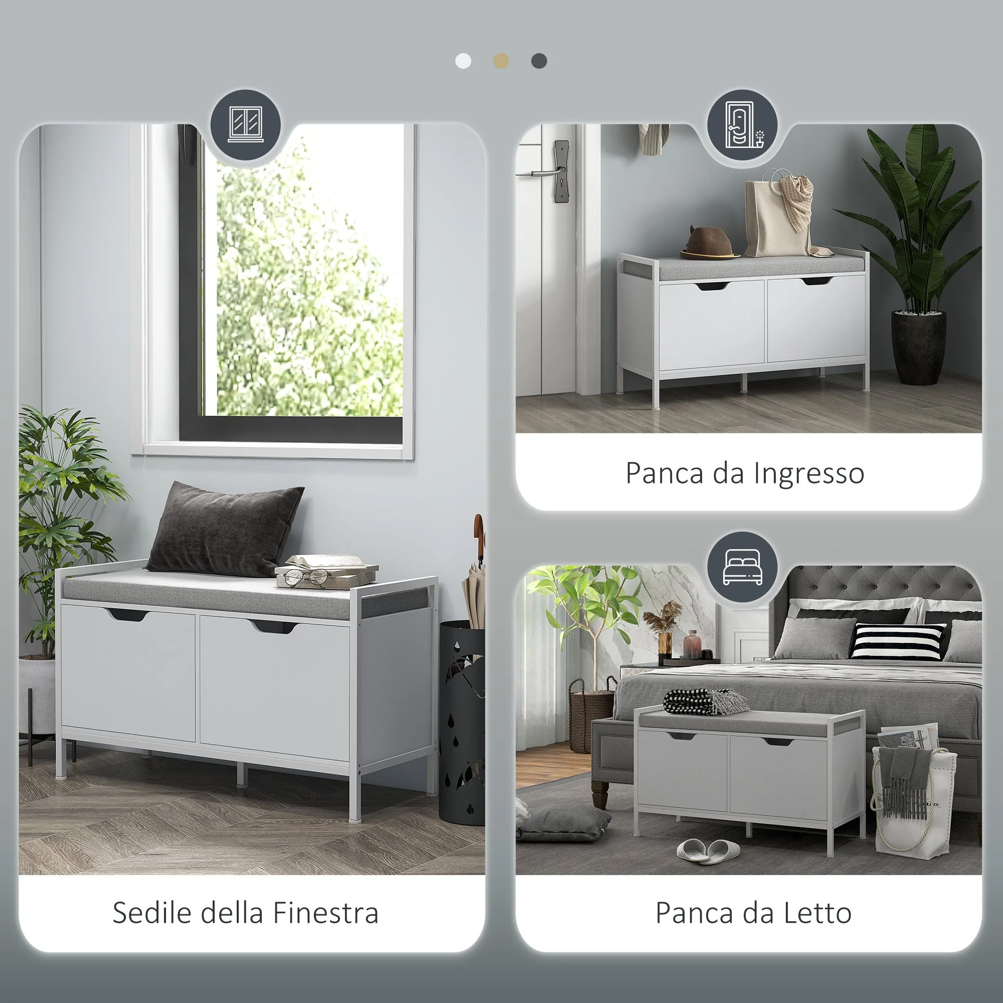 HOMCOM Shoe Rack Bench with 2 Cabinets with Cushion, in Linen Effect Fabric, Wood and Steel, 84x35x50 cm, White