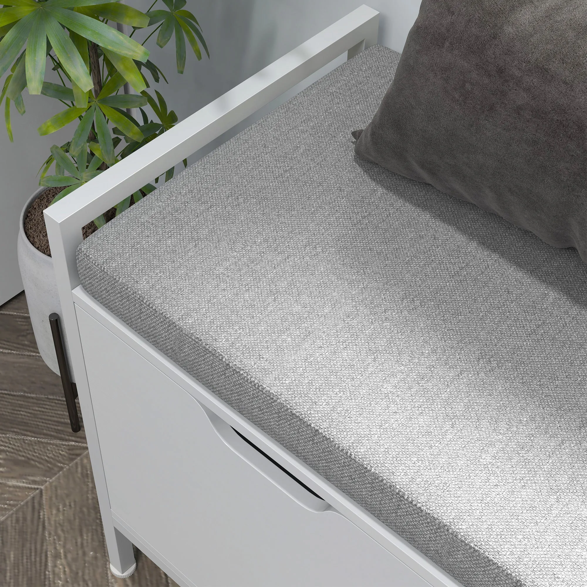 HOMCOM Shoe Rack Bench with 2 Cabinets with Cushion, in Linen Effect Fabric, Wood and Steel, 84x35x50 cm, White