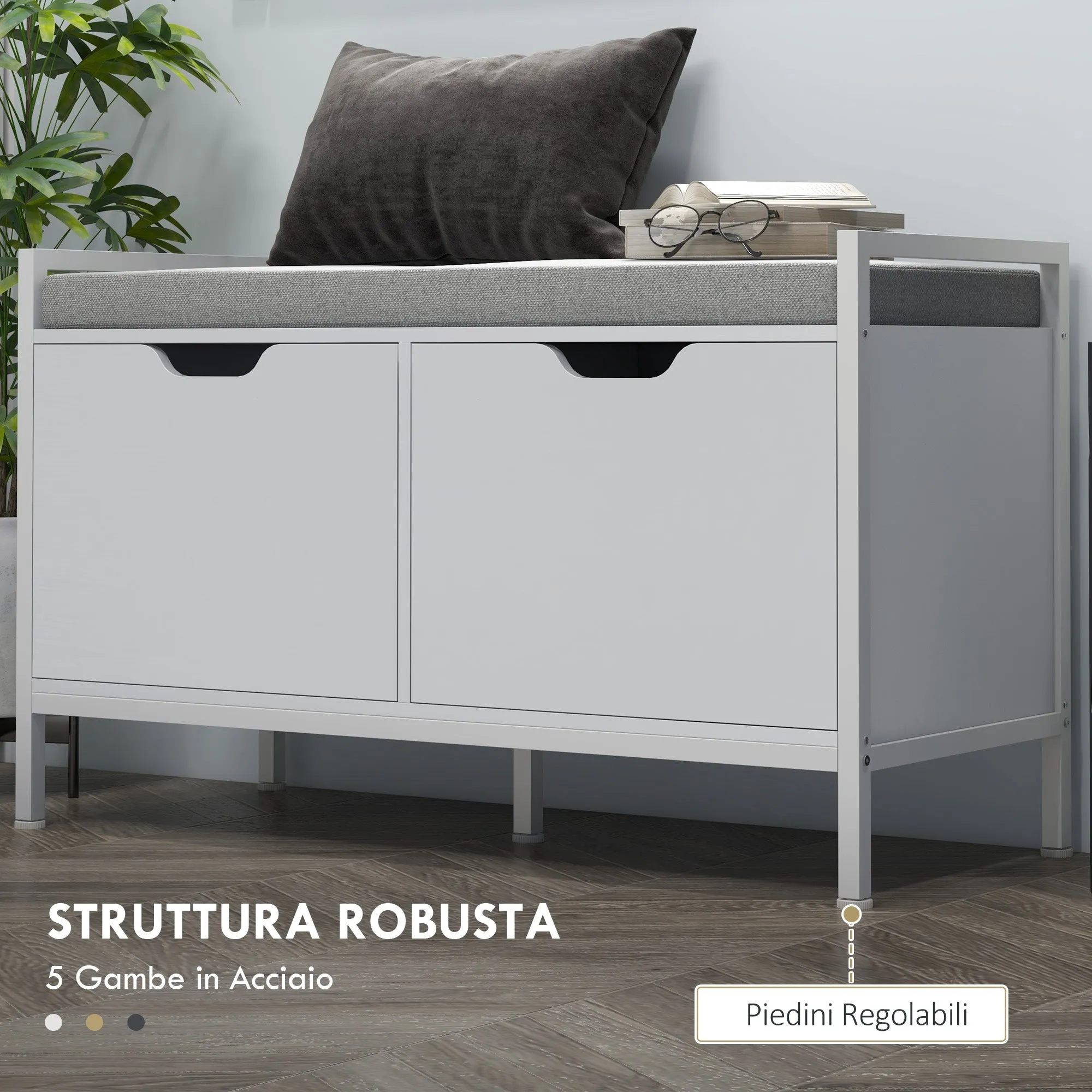 HOMCOM Shoe Rack Bench with 2 Cabinets with Cushion, in Linen Effect Fabric, Wood and Steel, 84x35x50 cm, White