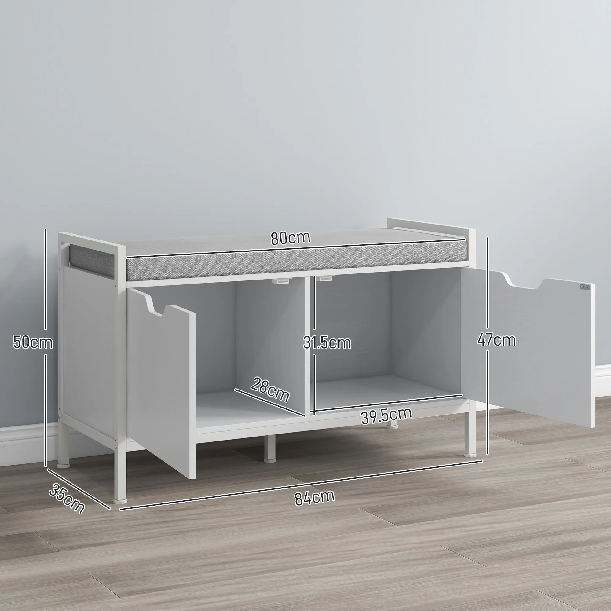HOMCOM Shoe Rack Bench with 2 Cabinets with Cushion, in Linen Effect Fabric, Wood and Steel, 84x35x50 cm, White