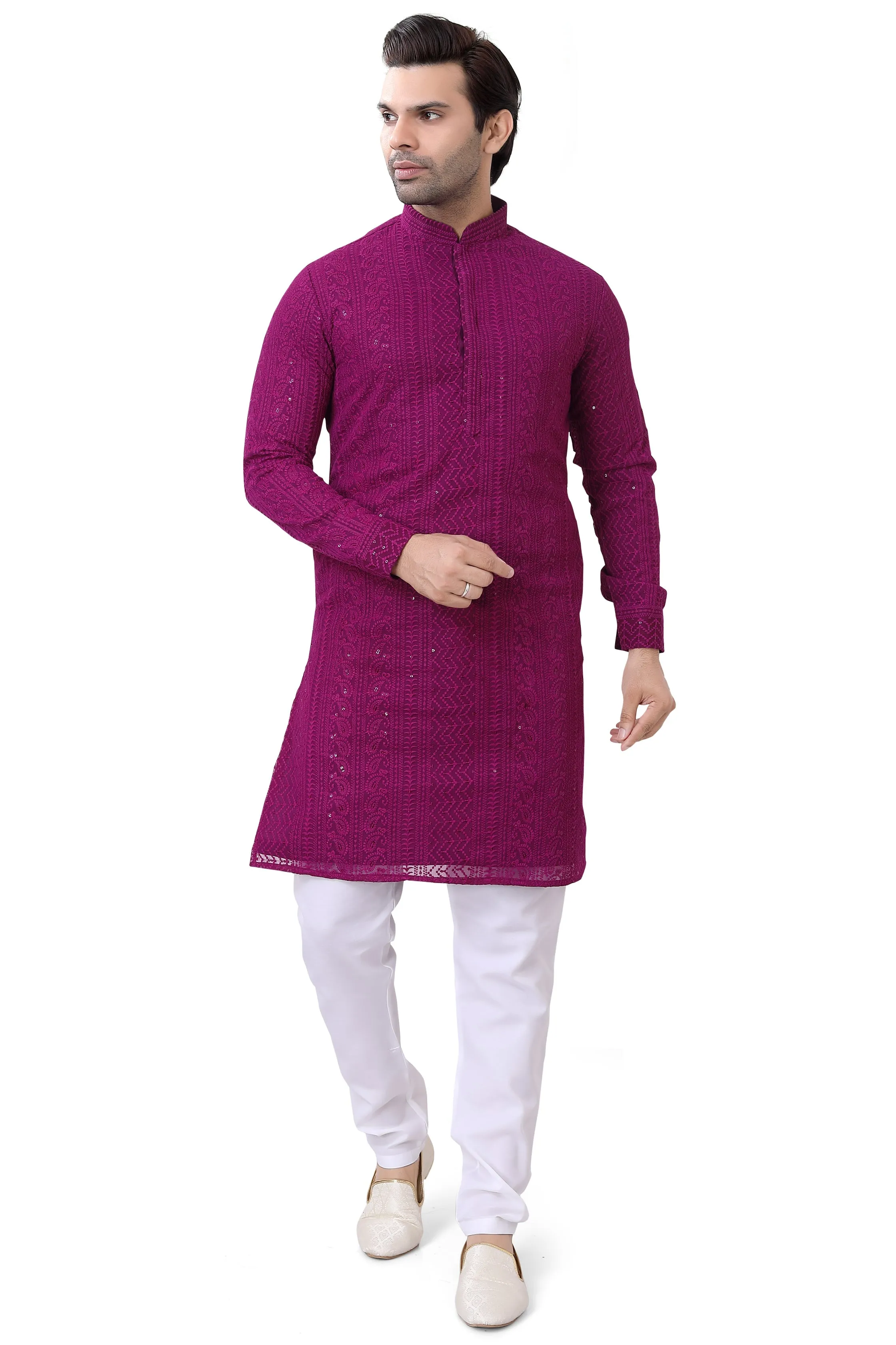 Lucknowi Kurta Pajama Set in Wine Colour- LCKP-009