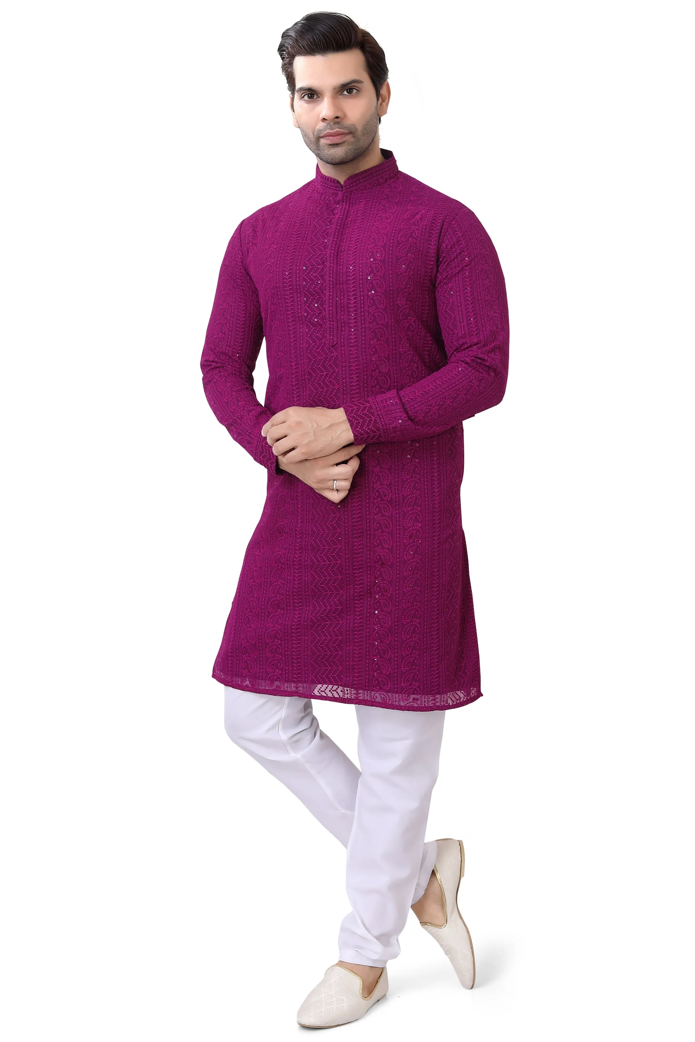 Lucknowi Kurta Pajama Set in Wine Colour- LCKP-009