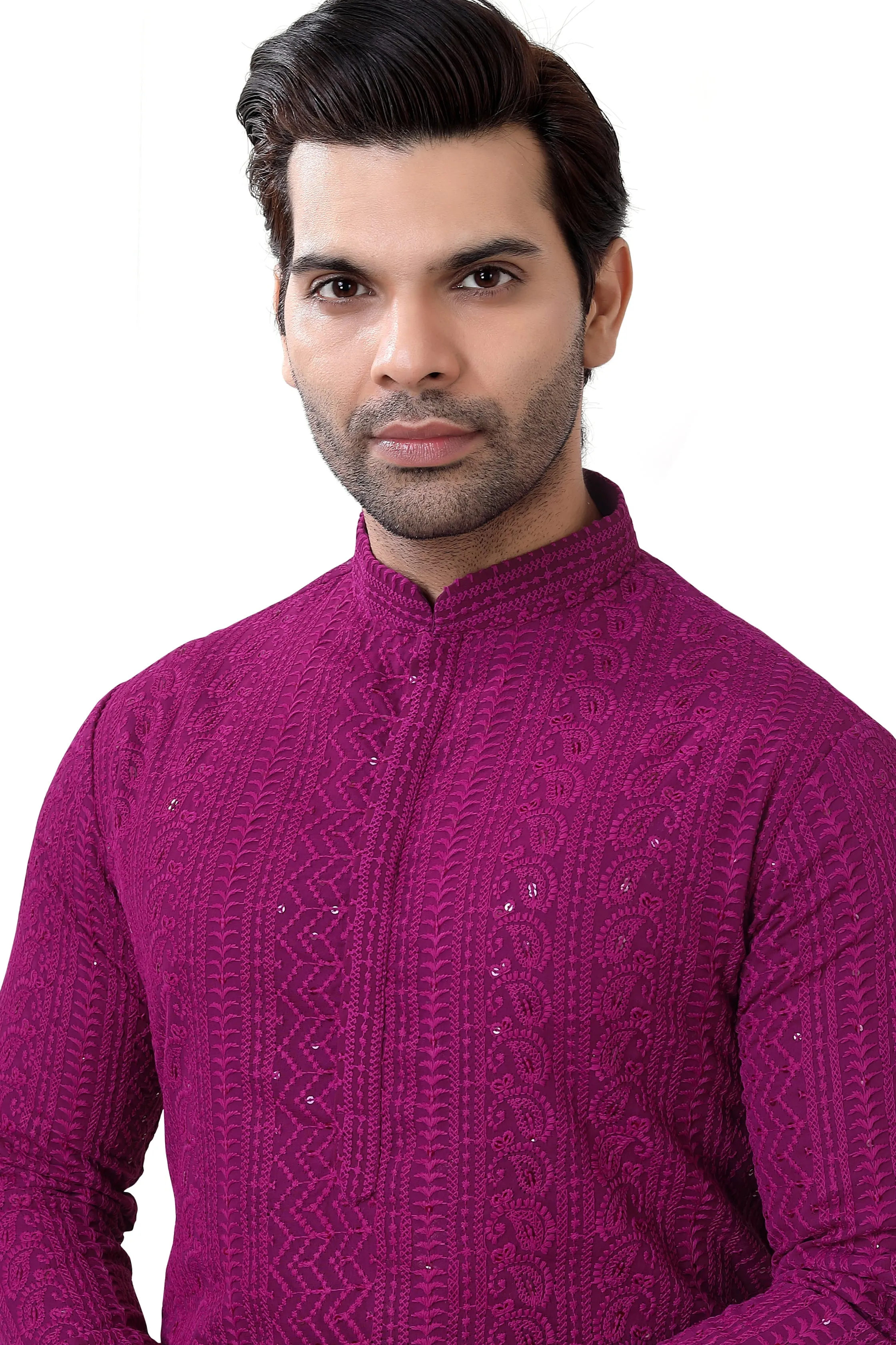 Lucknowi Kurta Pajama Set in Wine Colour- LCKP-009