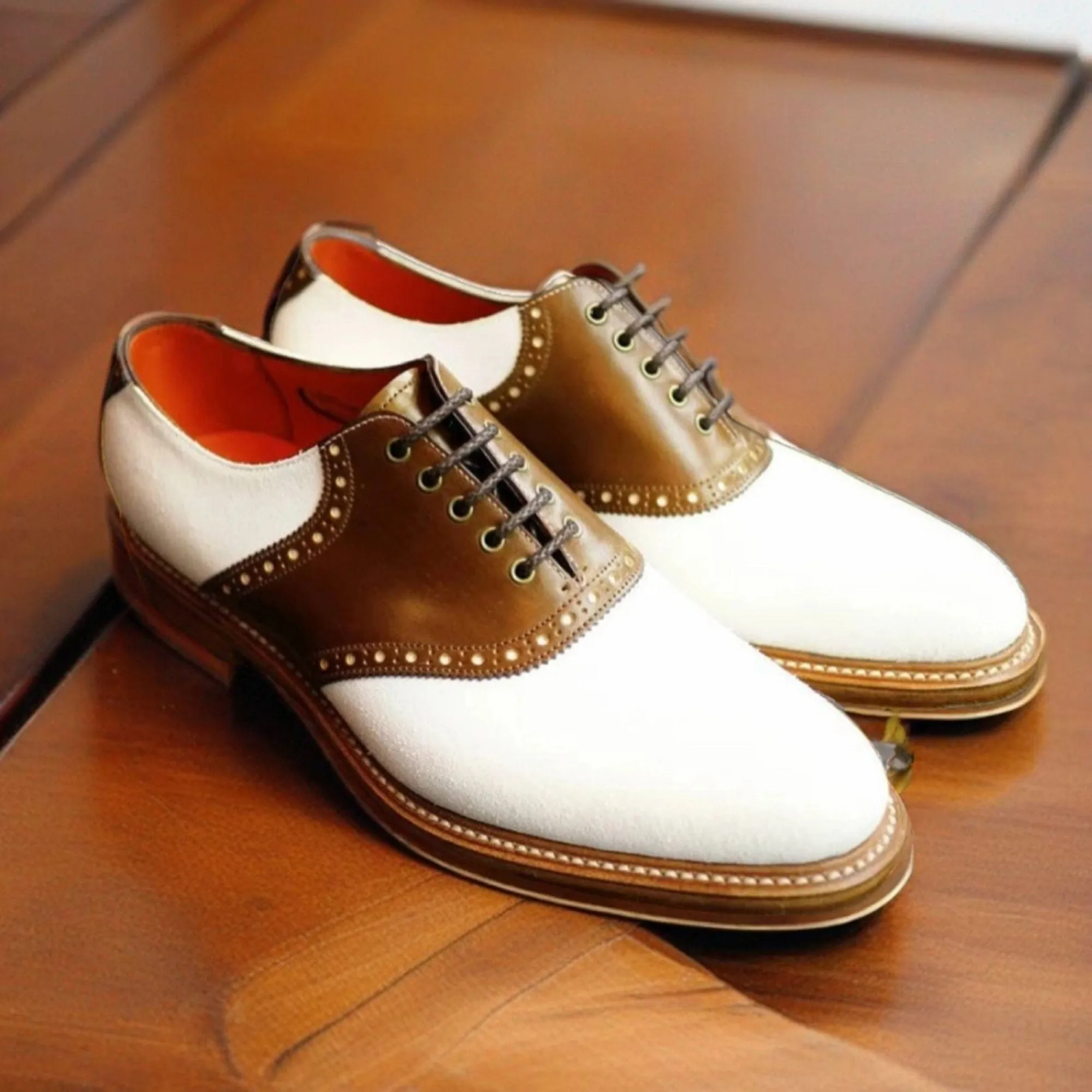 Men Handmade Two Tone Brown White Leather Oxford Brogue Lace Up Shoes