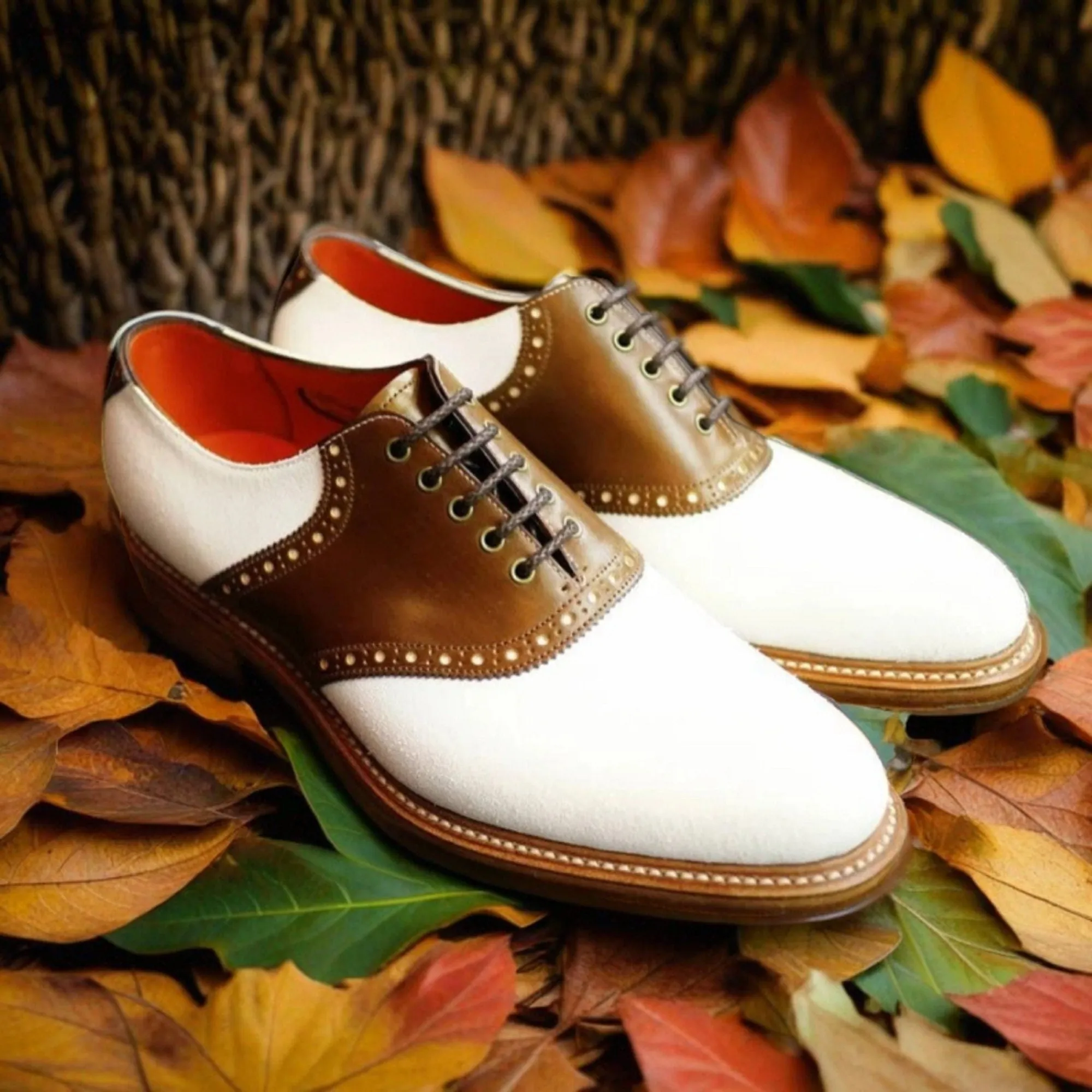 Men Handmade Two Tone Brown White Leather Oxford Brogue Lace Up Shoes