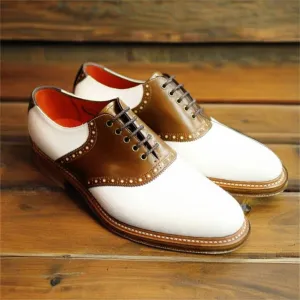 Men Handmade Two Tone Brown White Leather Oxford Brogue Lace Up Shoes
