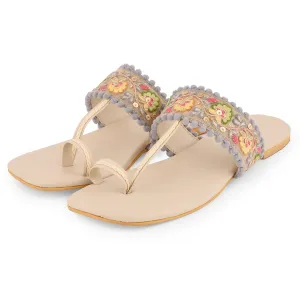 Multicolor Embroidered Flat Open Toes