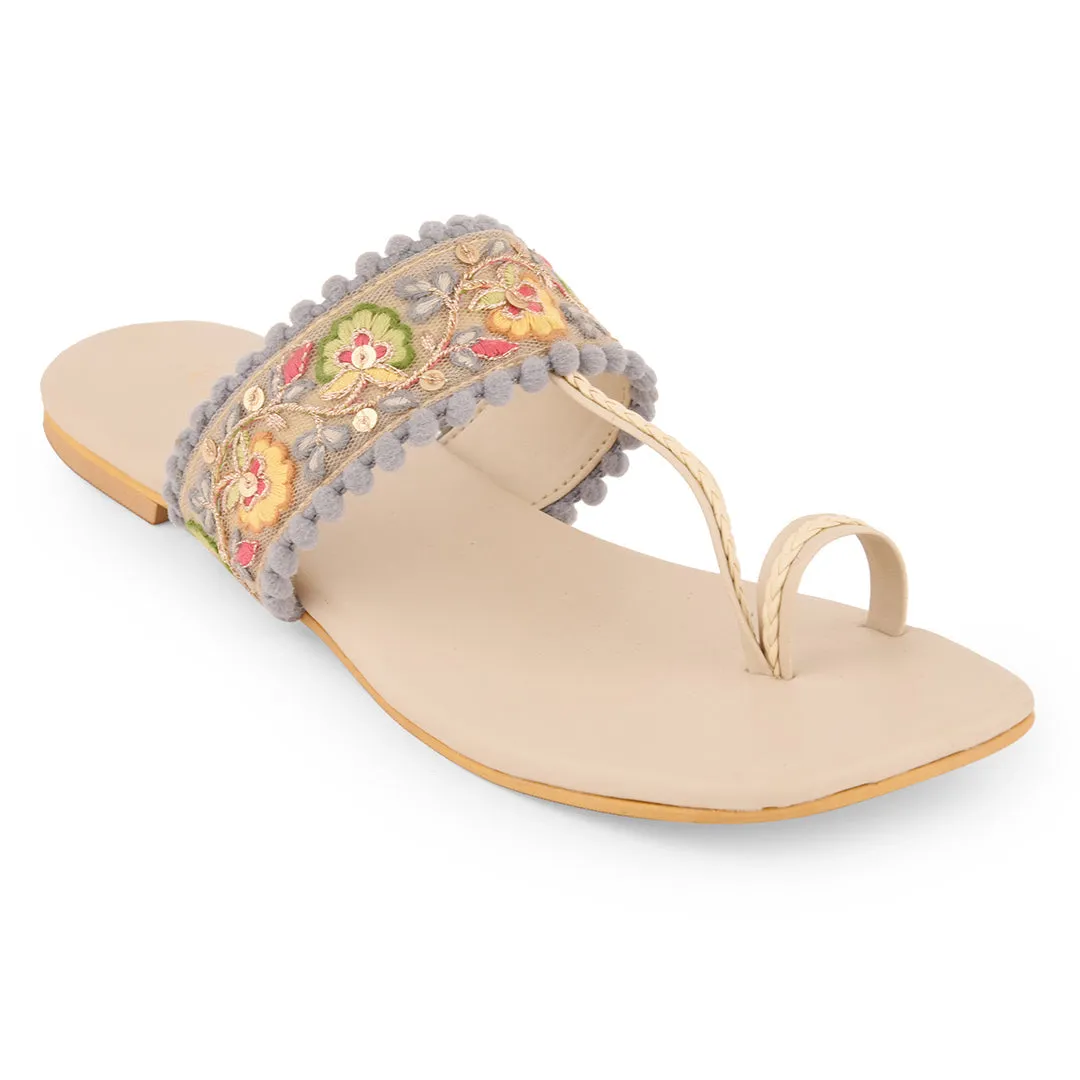 Multicolor Embroidered Flat Open Toes