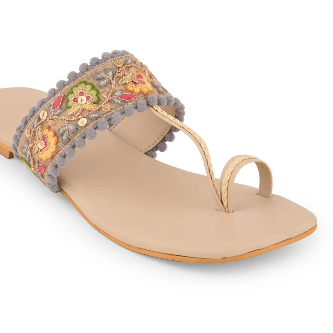 Multicolor Embroidered Flat Open Toes