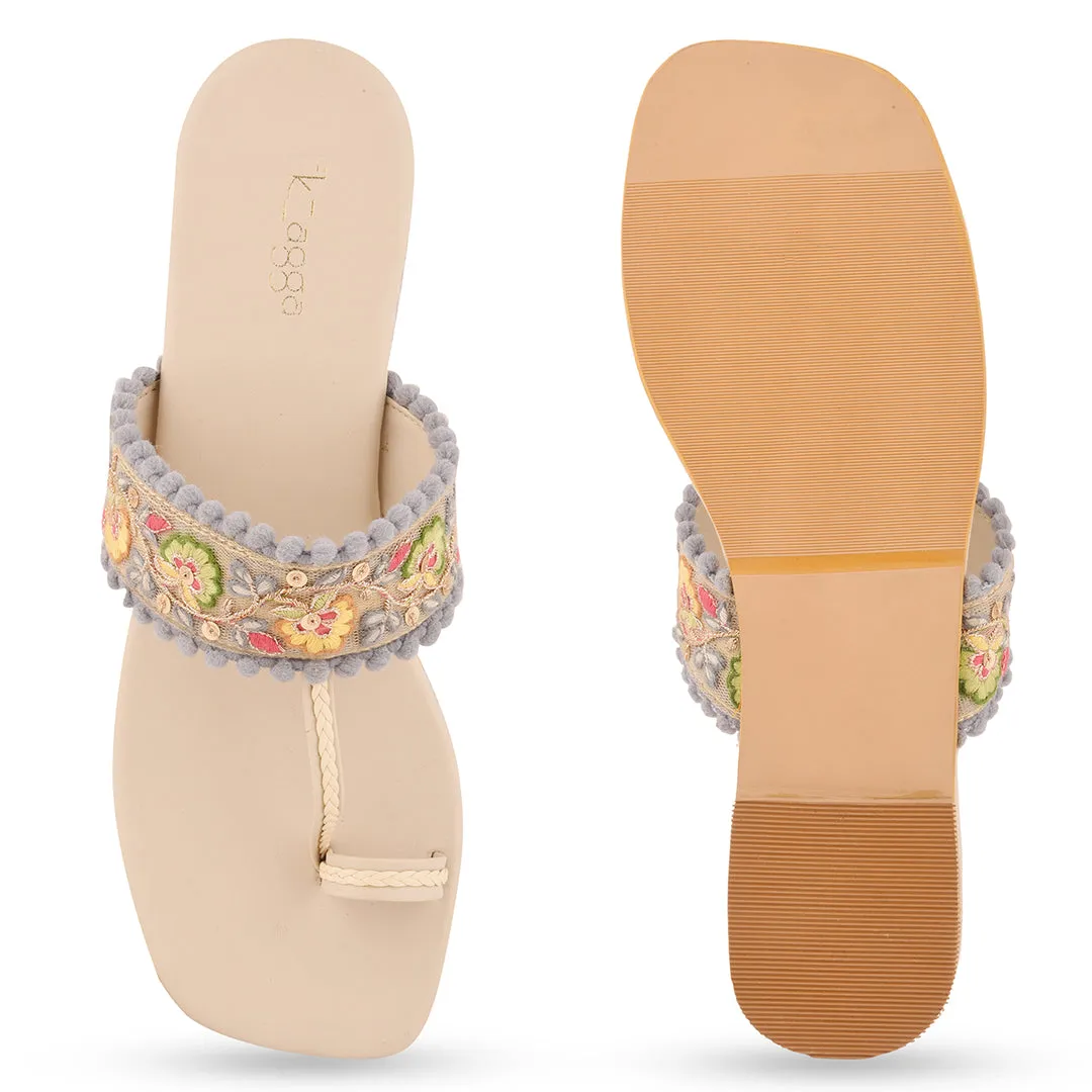 Multicolor Embroidered Flat Open Toes