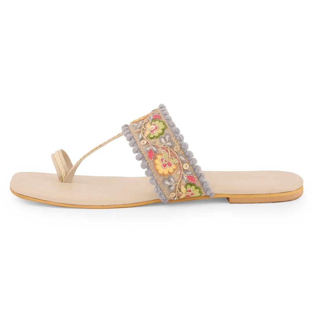 Multicolor Embroidered Flat Open Toes
