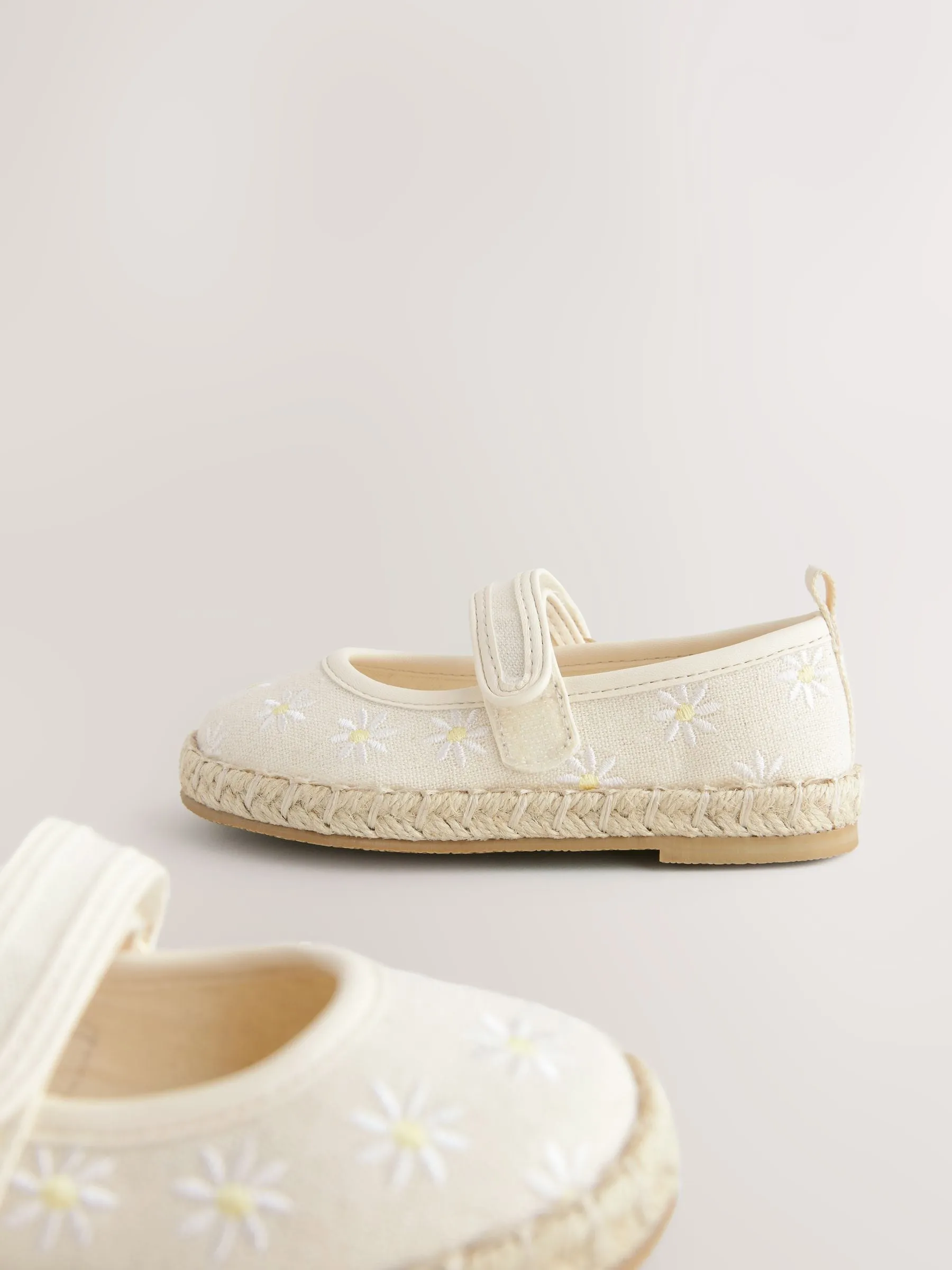 Neutral Embroidered Daisy Touch Fastening Espadrilles Shoes