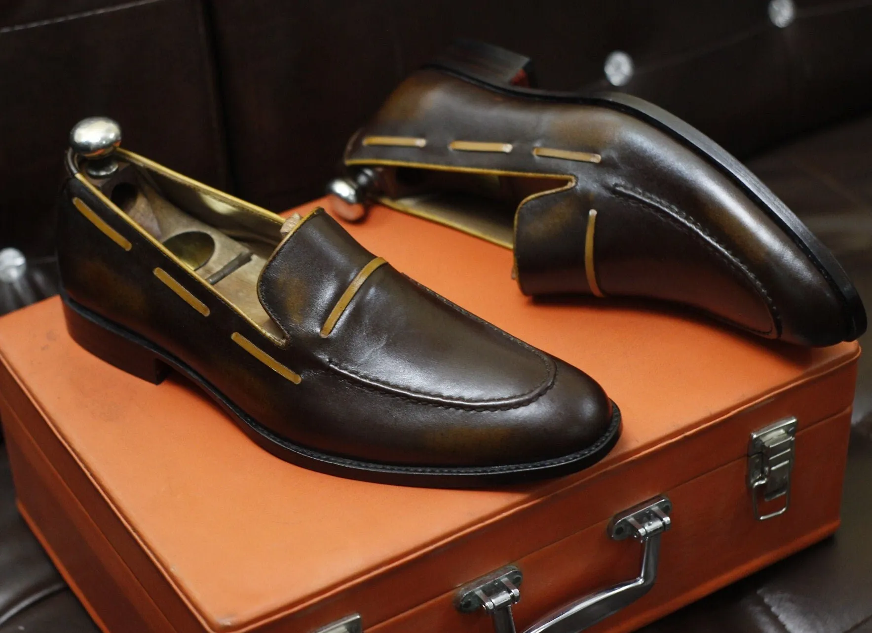 New Men's Handmade Formal Shoes Brown Shaded Leather Loafer Stylish Slip On Moccasin Shoes