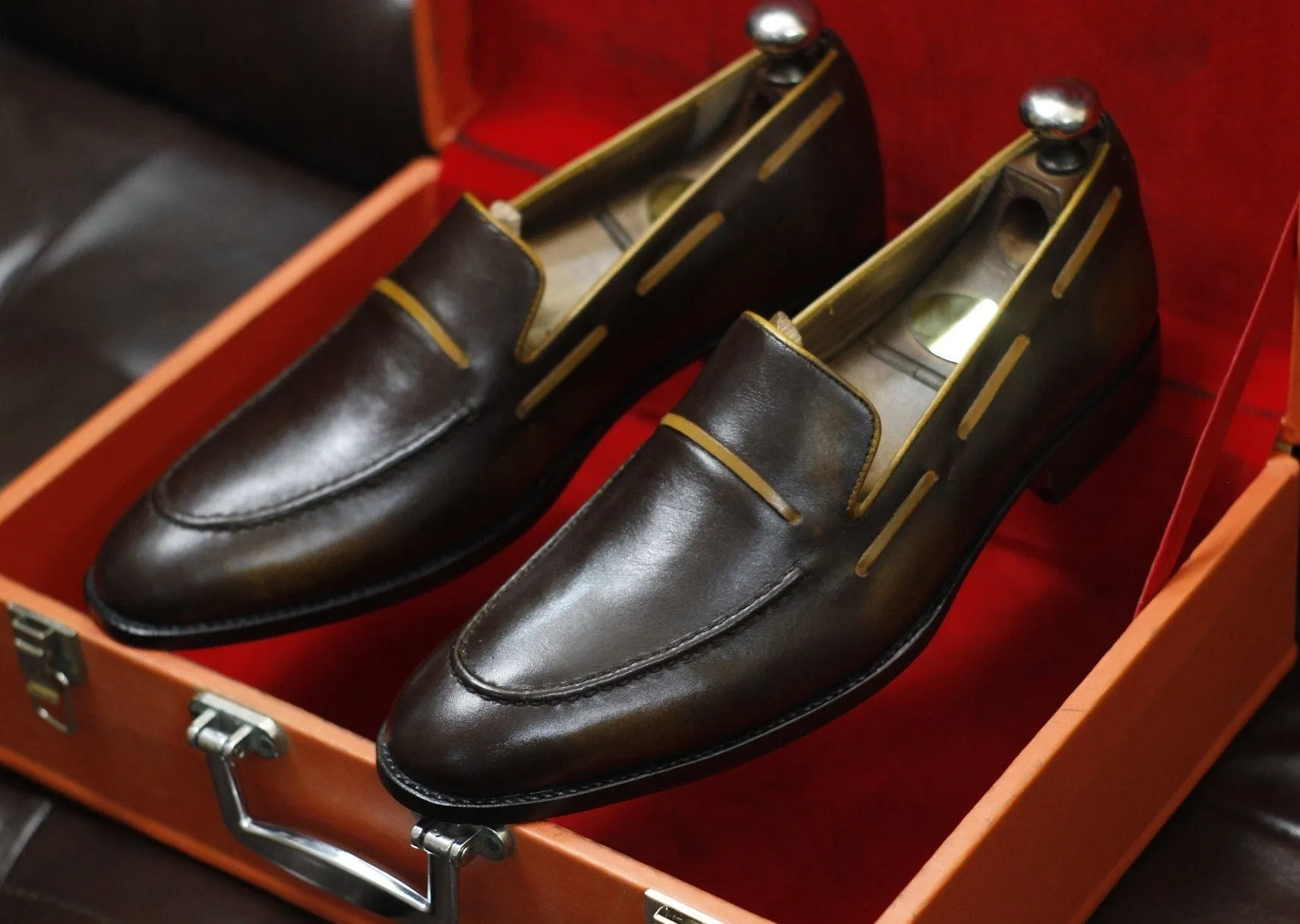 New Men's Handmade Formal Shoes Brown Shaded Leather Loafer Stylish Slip On Moccasin Shoes