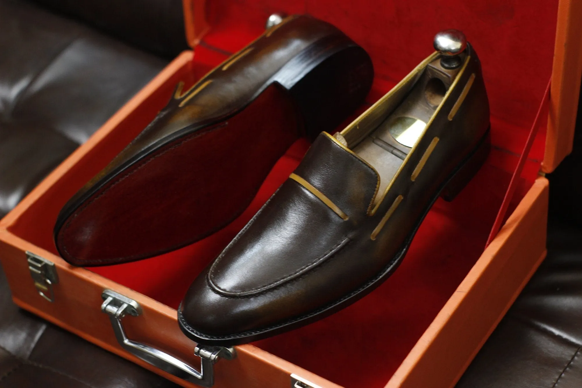 New Men's Handmade Formal Shoes Brown Shaded Leather Loafer Stylish Slip On Moccasin Shoes