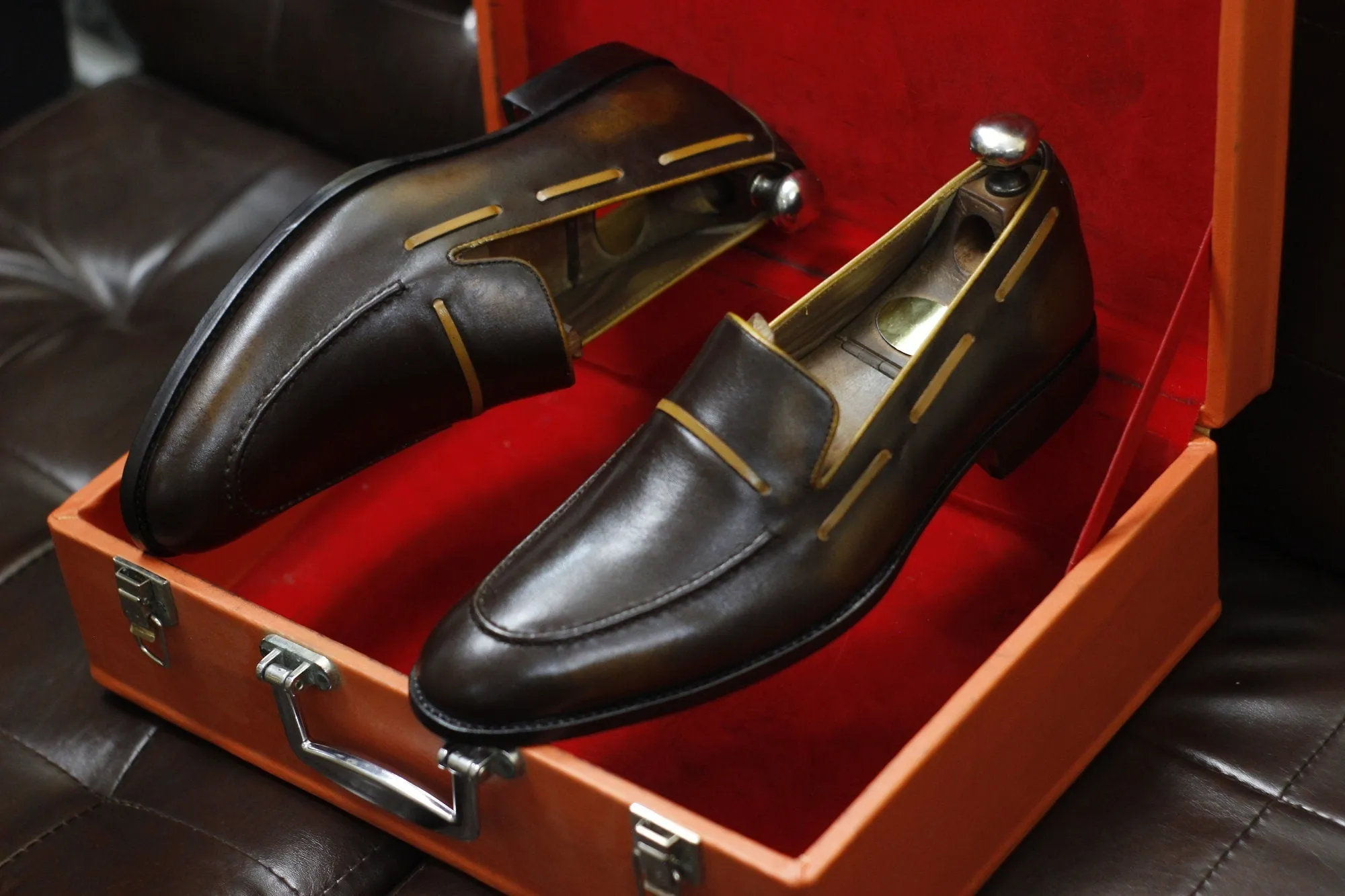 New Men's Handmade Formal Shoes Brown Shaded Leather Loafer Stylish Slip On Moccasin Shoes