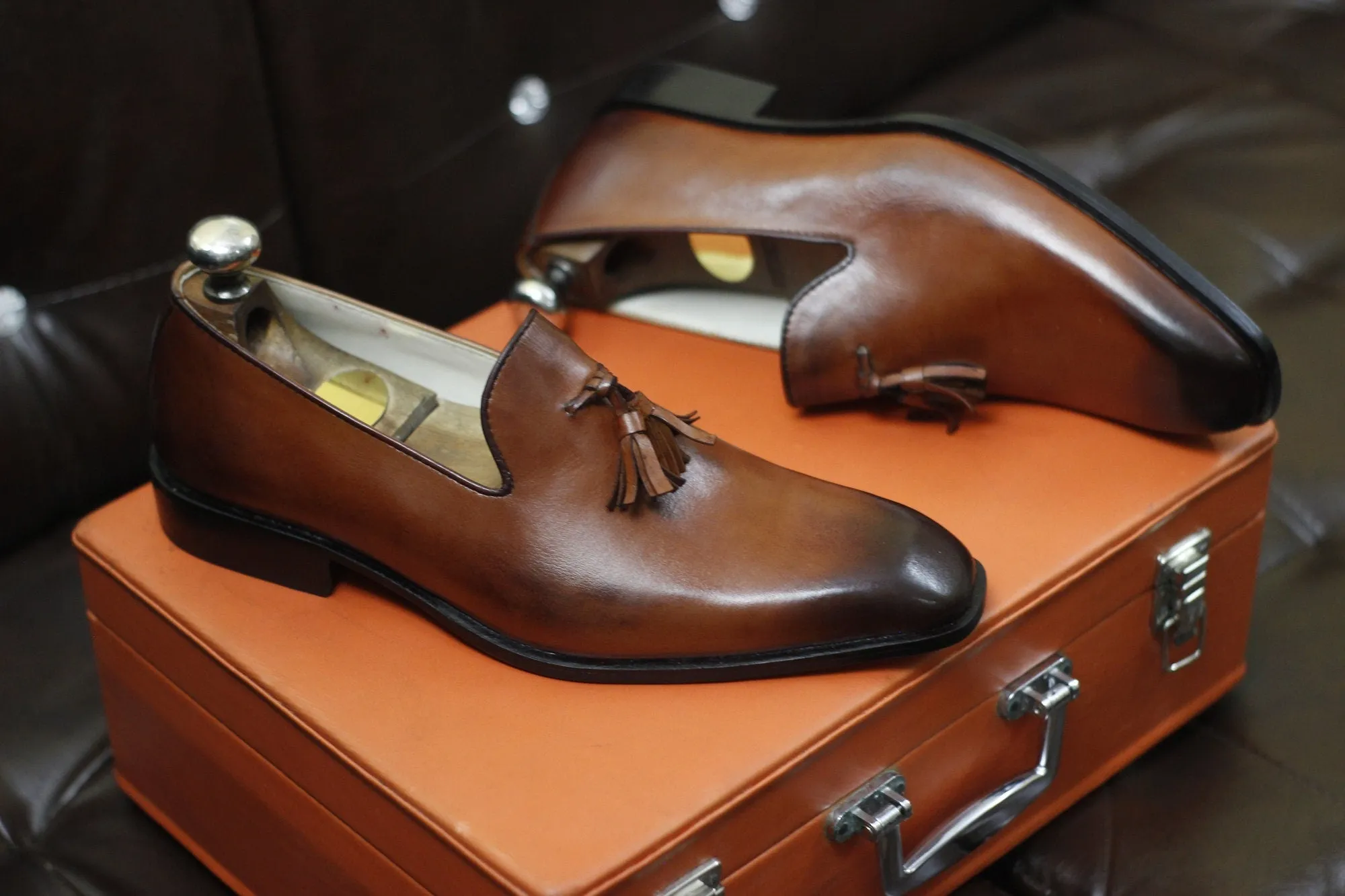 New Men's Handmade Formal Shoes Brown Shaded Leather Slip On Stylish Loafer Teasels Dress & Formal Wear Shoes