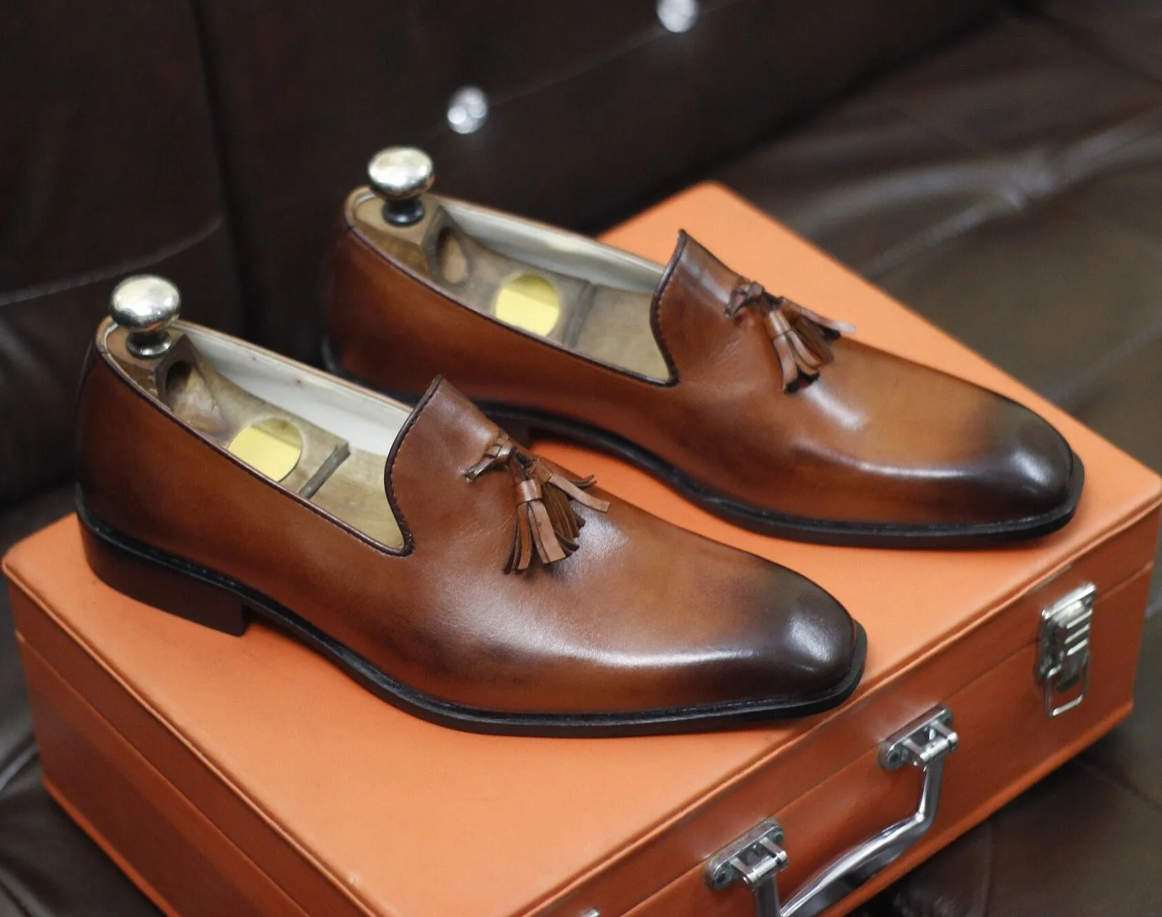 New Men's Handmade Formal Shoes Brown Shaded Leather Slip On Stylish Loafer Teasels Dress & Formal Wear Shoes