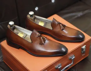 New Men's Handmade Formal Shoes Brown Shaded Leather Slip On Stylish Loafer Teasels Dress & Formal Wear Shoes