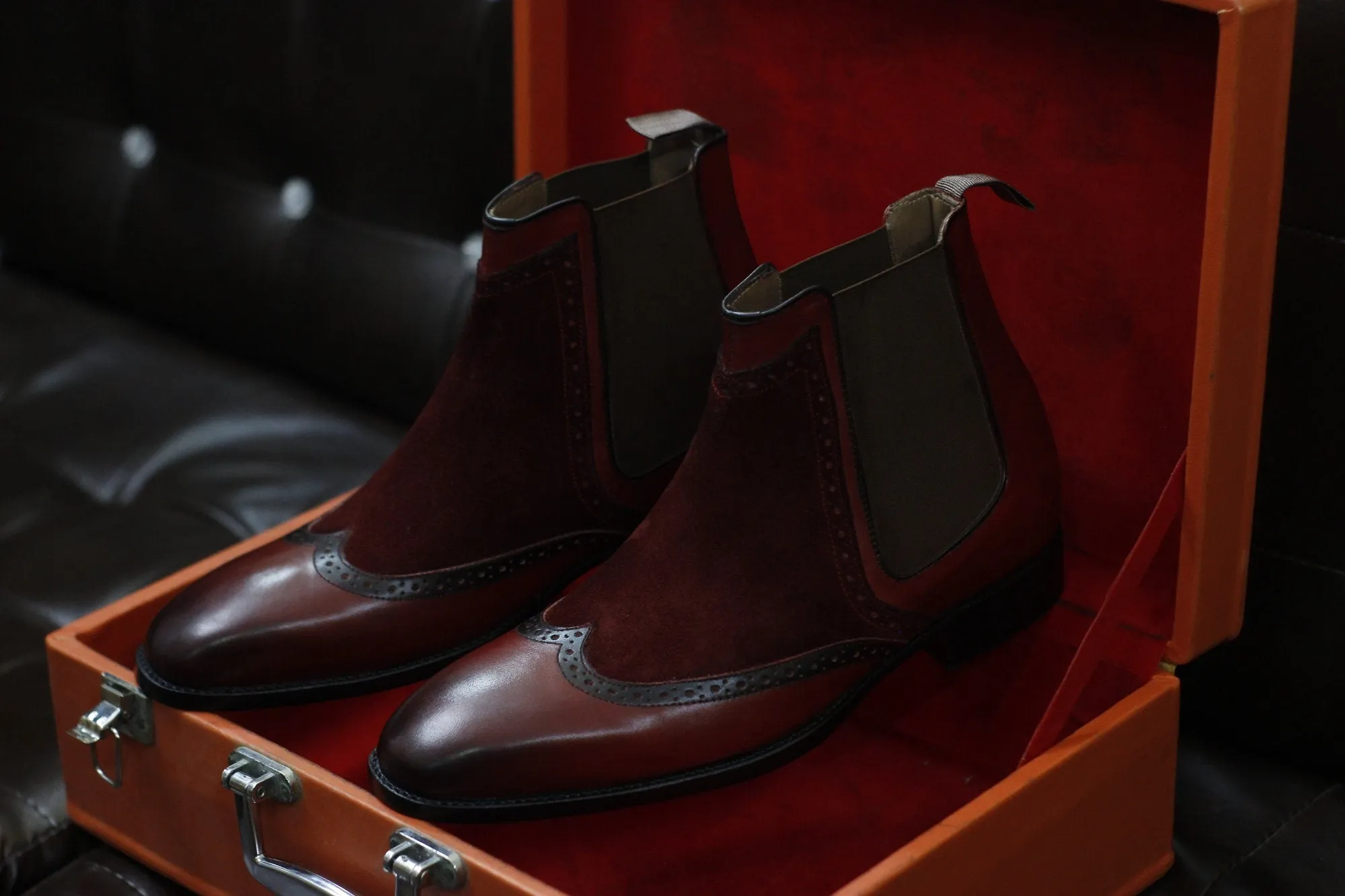 New Men's Handmade Formal Shoes Maroon Leather & Suede Pull On Ankle High Stylish Chelsea Wing Tip Boots
