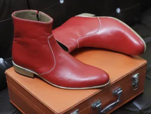 New Men's Handmade Red Leather Side Zipper Style Ankle High Dress & Casual Wear Boots