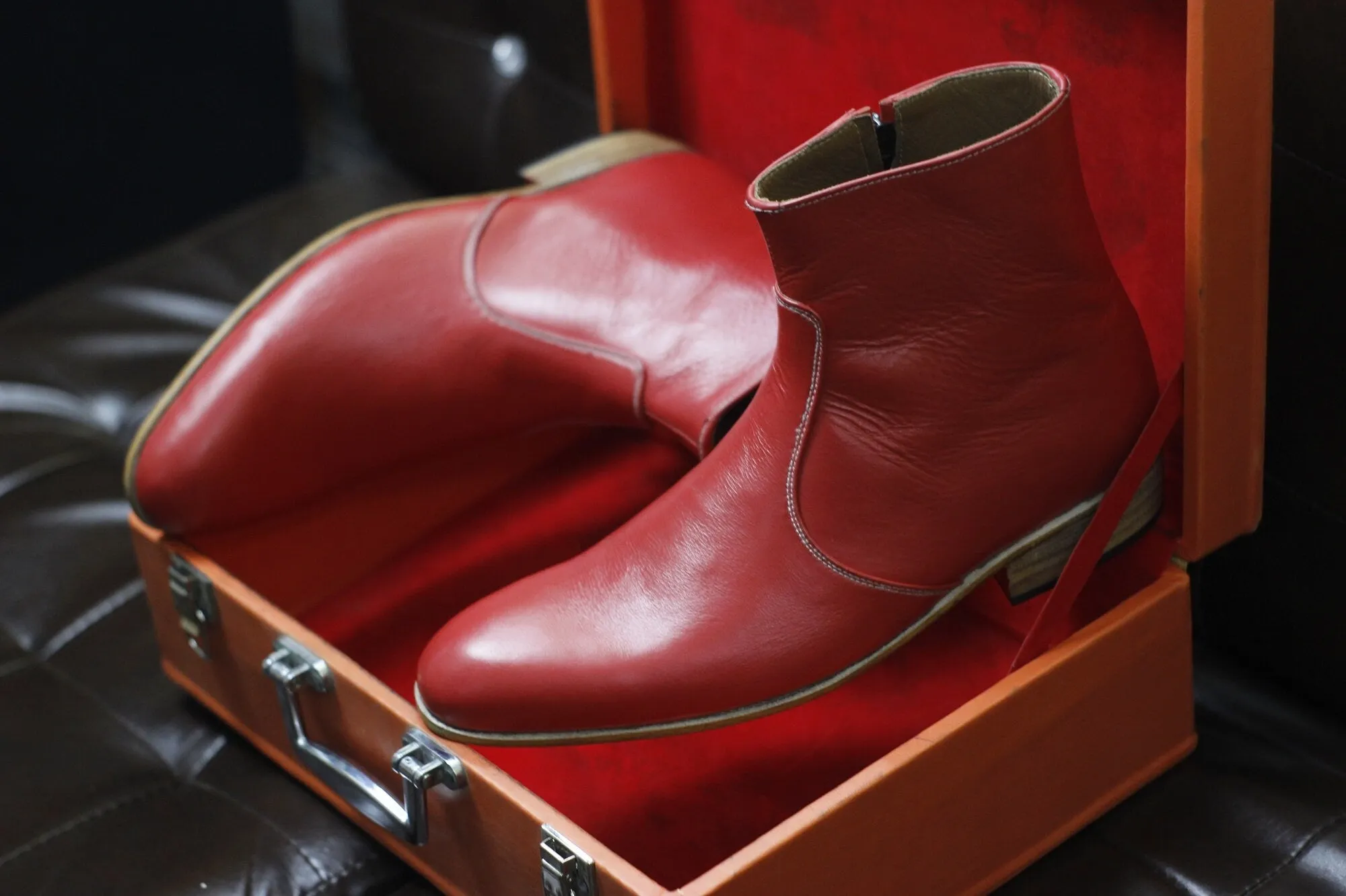 New Men's Handmade Red Leather Side Zipper Style Ankle High Dress & Casual Wear Boots
