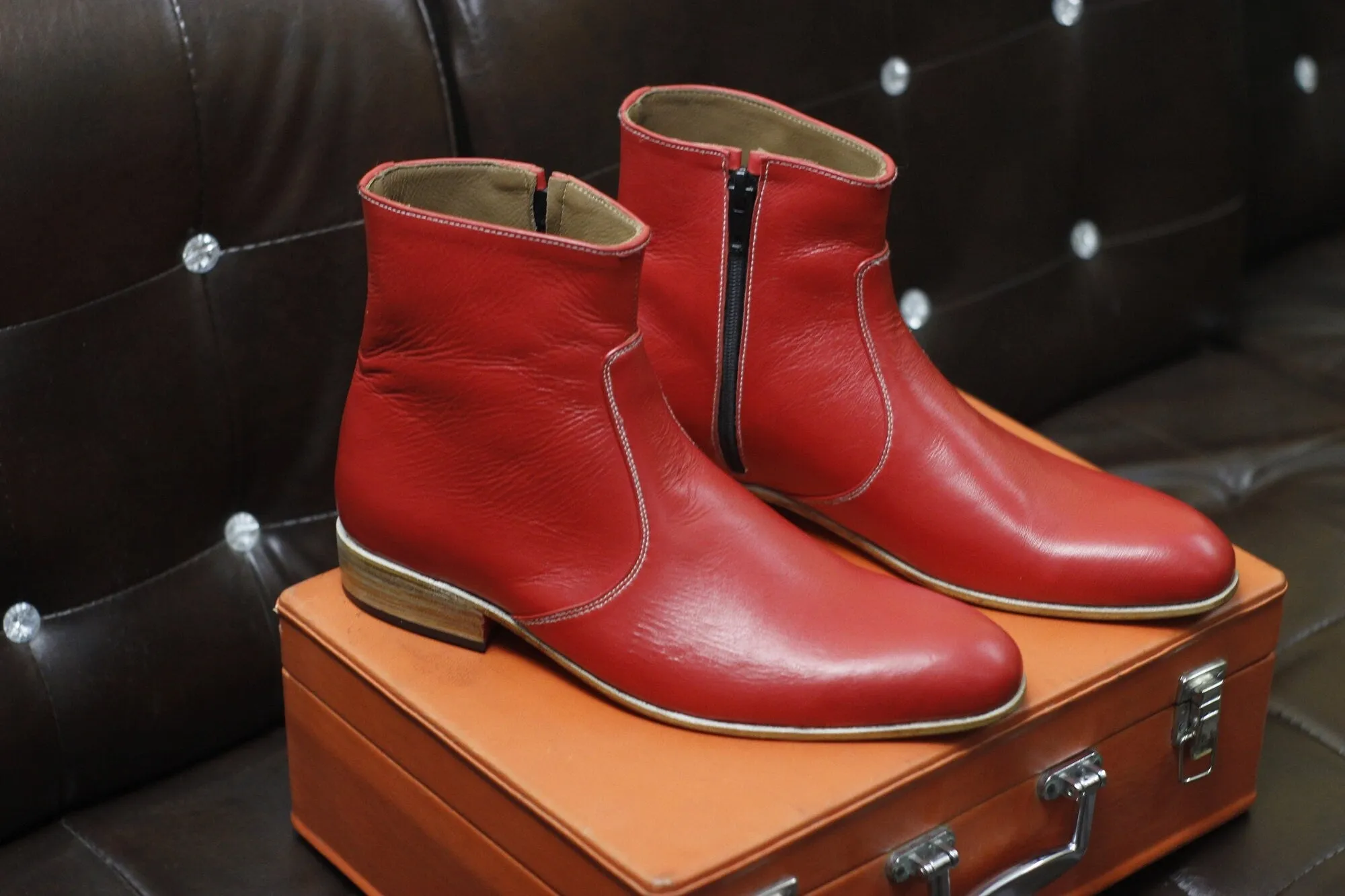 New Men's Handmade Red Leather Side Zipper Style Ankle High Dress & Casual Wear Boots