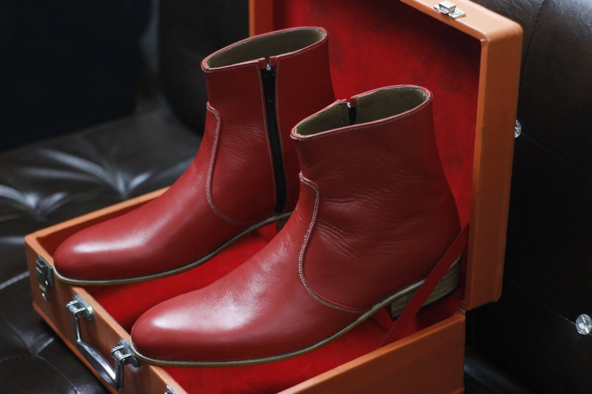 New Men's Handmade Red Leather Side Zipper Style Ankle High Dress & Casual Wear Boots