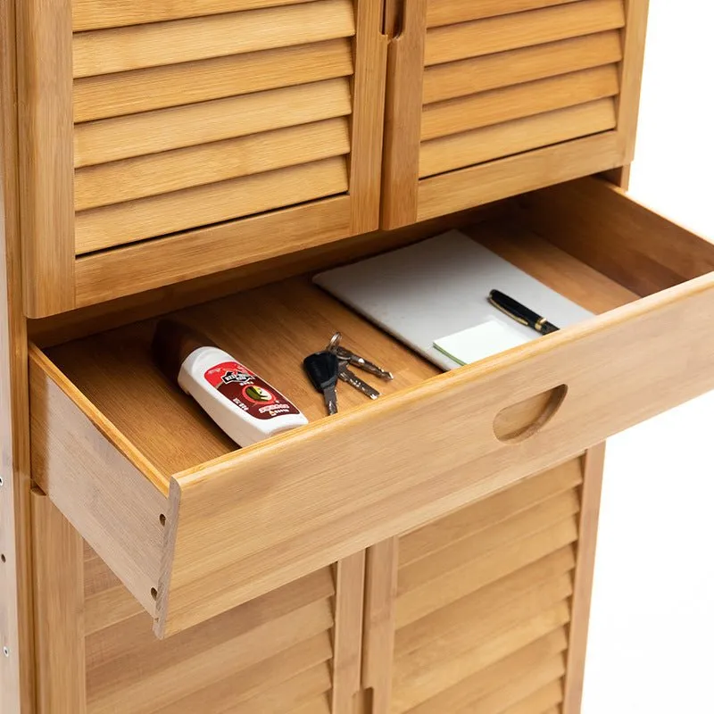 NNEDSZ 10 Tier Bamboo Large Capacity Storage Shelf Shoe Rack Cabinet 6 Doors 1 Drawer