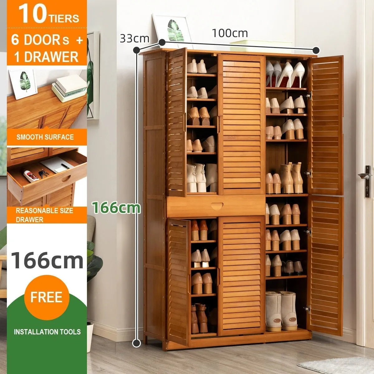 NNEDSZ 10 Tier Bamboo Large Capacity Storage Shelf Shoe Rack Cabinet 6 Doors 1 Drawer