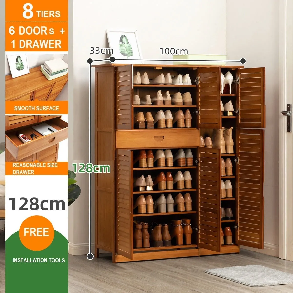 NNEDSZ 10 Tier Bamboo Large Capacity Storage Shelf Shoe Rack Cabinet 6 Doors 1 Drawer